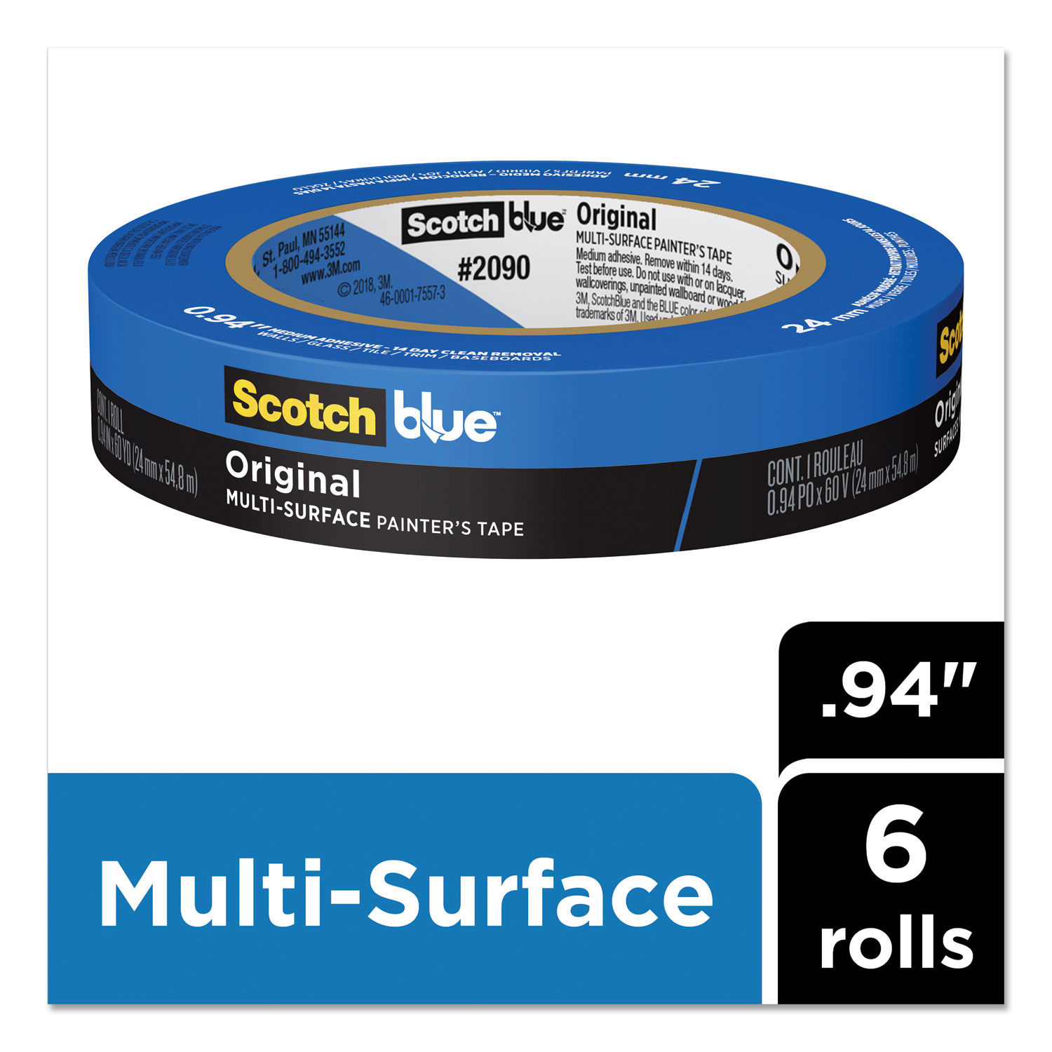 x 60 yd Scotch Painters Tape Value Pack-6 Pack 3M 1 Blue 2090-24EVP.94 in 6-Pack 