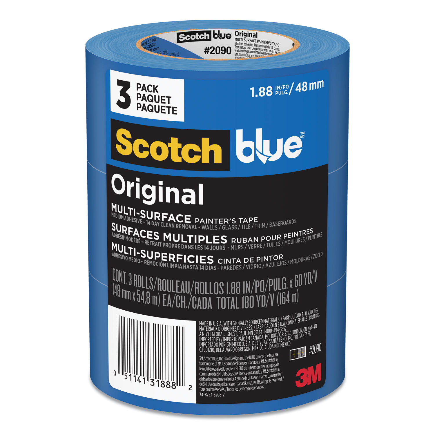 ScotchBlue 2090-48EVP Original Multi-Surface Painter's Tape, 3 Core, 1.88 x 60 yds, Blue, 3/Pack (MMM209048EVP) 