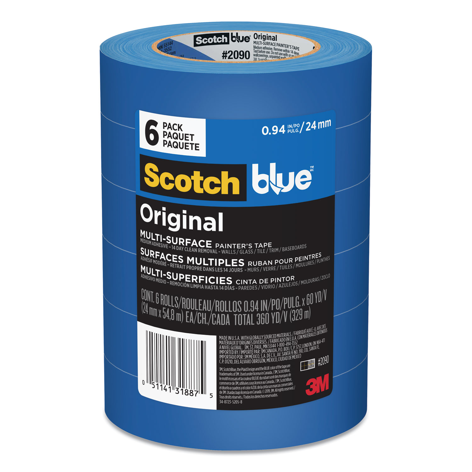  ScotchBlue 2090-24EVP Original Multi-Surface Painter's Tape, 3 Core, 0.94 x 60 yds, Blue, 6/Pack (MMM209024EVP) 