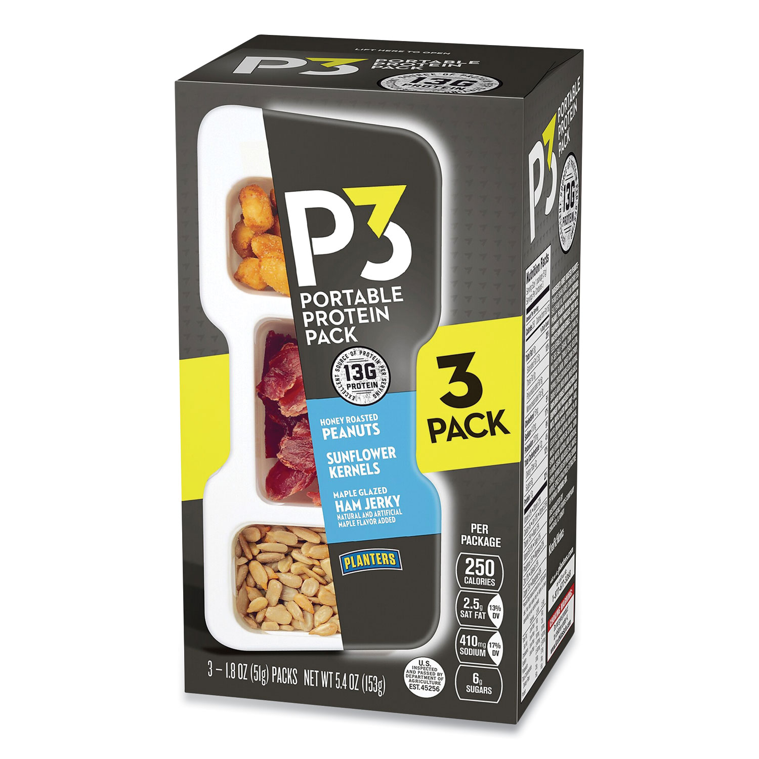 P3 Portable Protein Pack with Planters Peanuts, Honey Roasted Peanuts/Maple Ham Jerky/Sunflower Kernels, 3/Pack