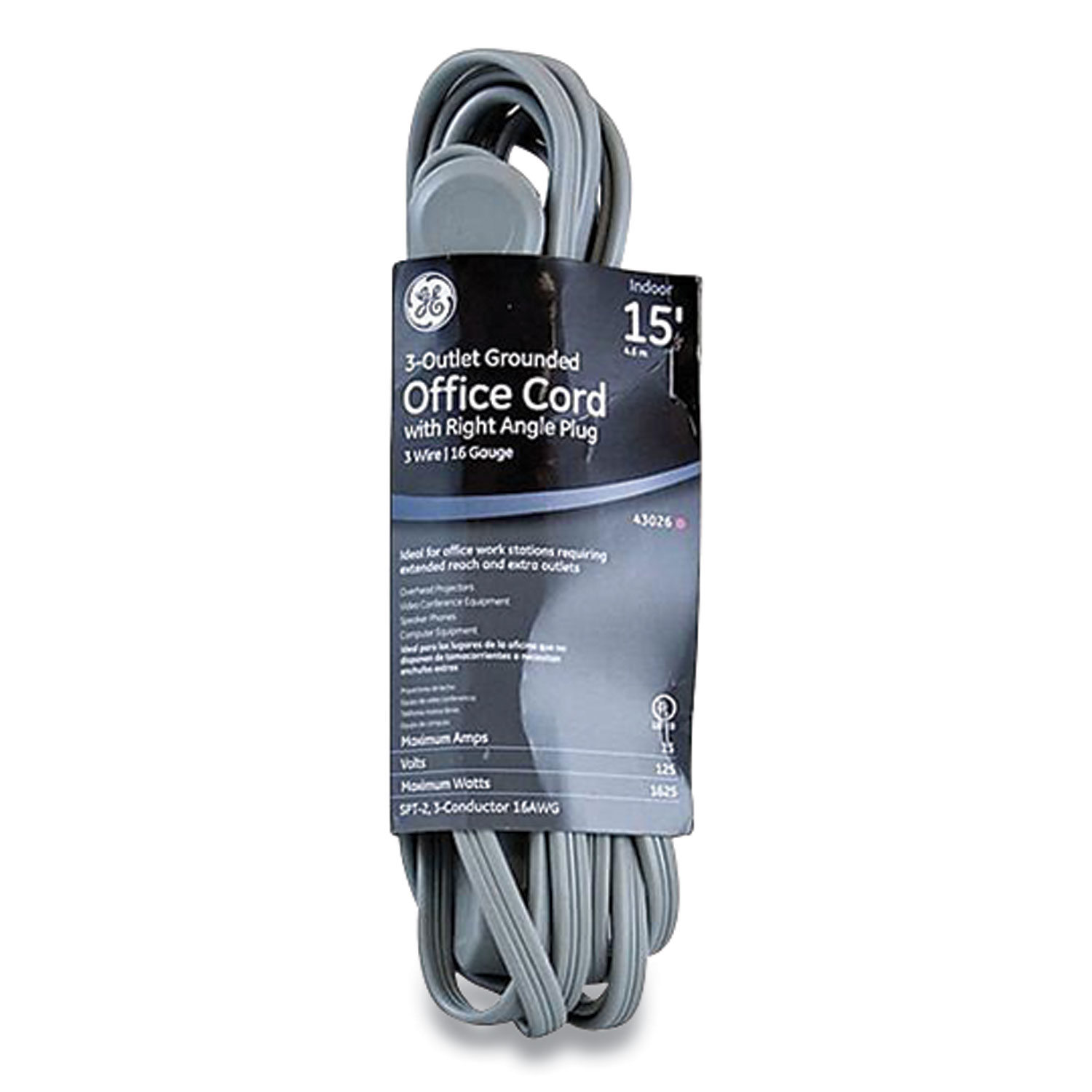 GE Three Outlet Power Strip, 15 ft Cord, Gray