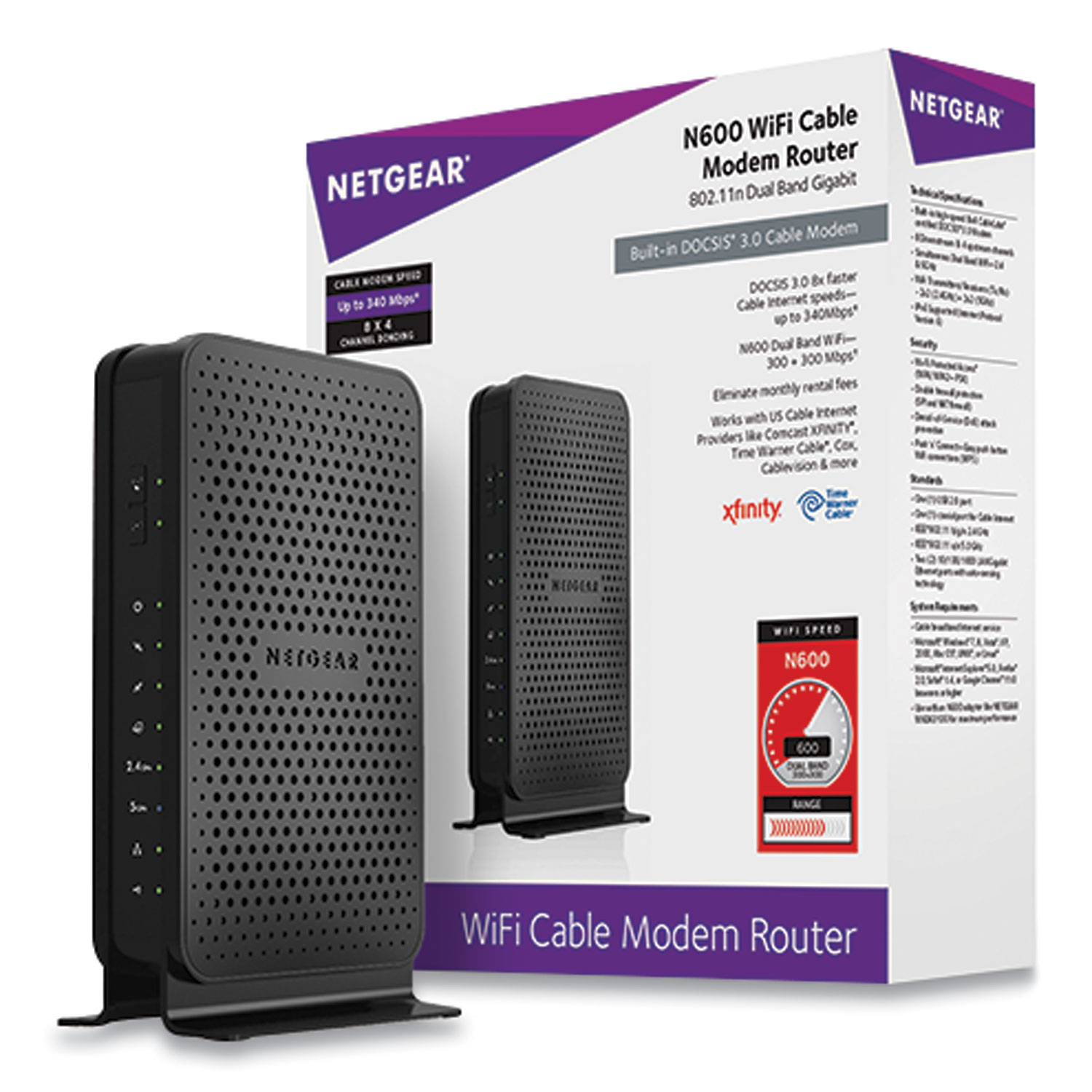 NETGEAR® N600 Wi-Fi Cable Modem Router, 2 Ports, Dual-Band 2.4 GHz/5 GHz