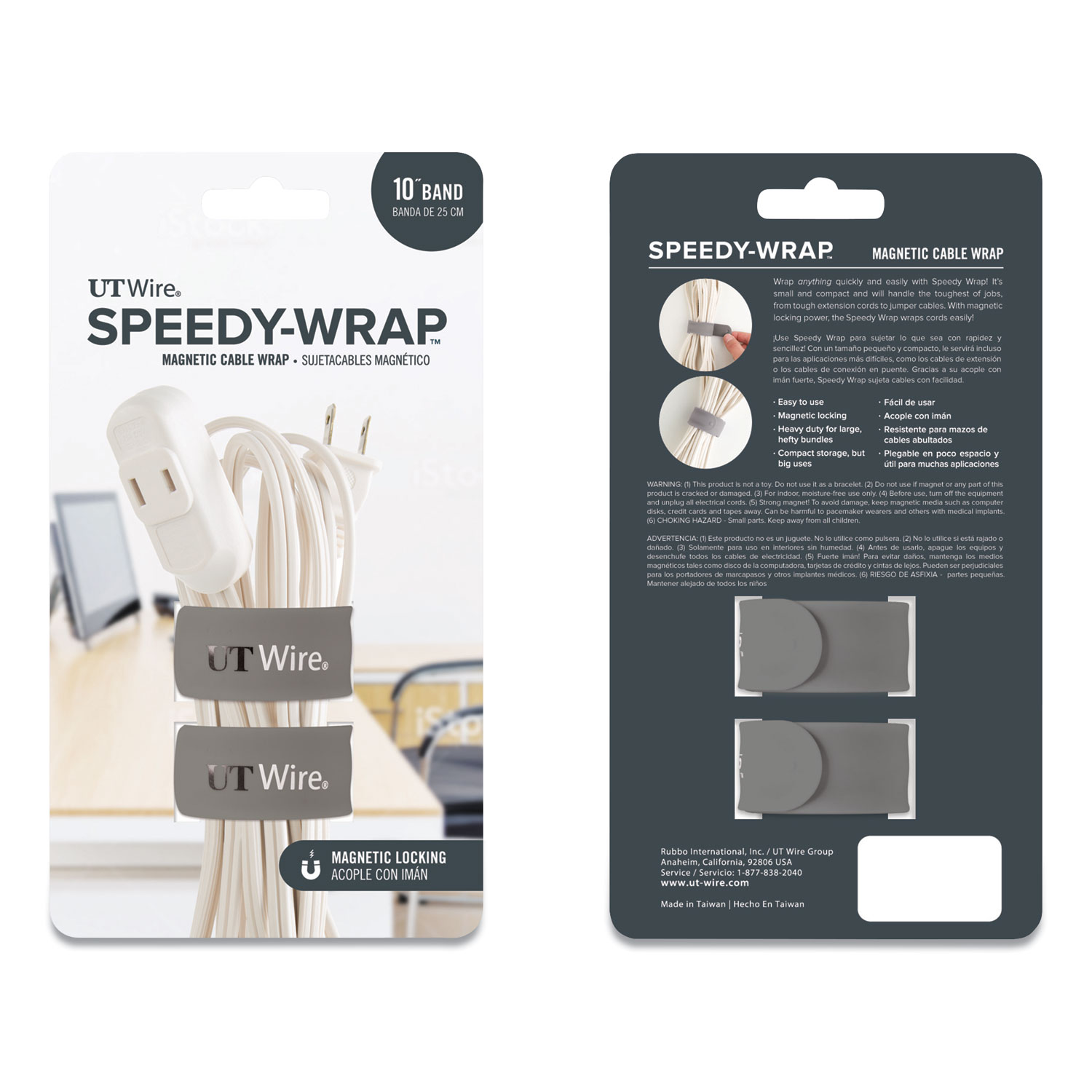 UT Wire® Speedy-Wrap Magnetic Cable Wrap, 0.82 x 10, Gray, 2/Pack