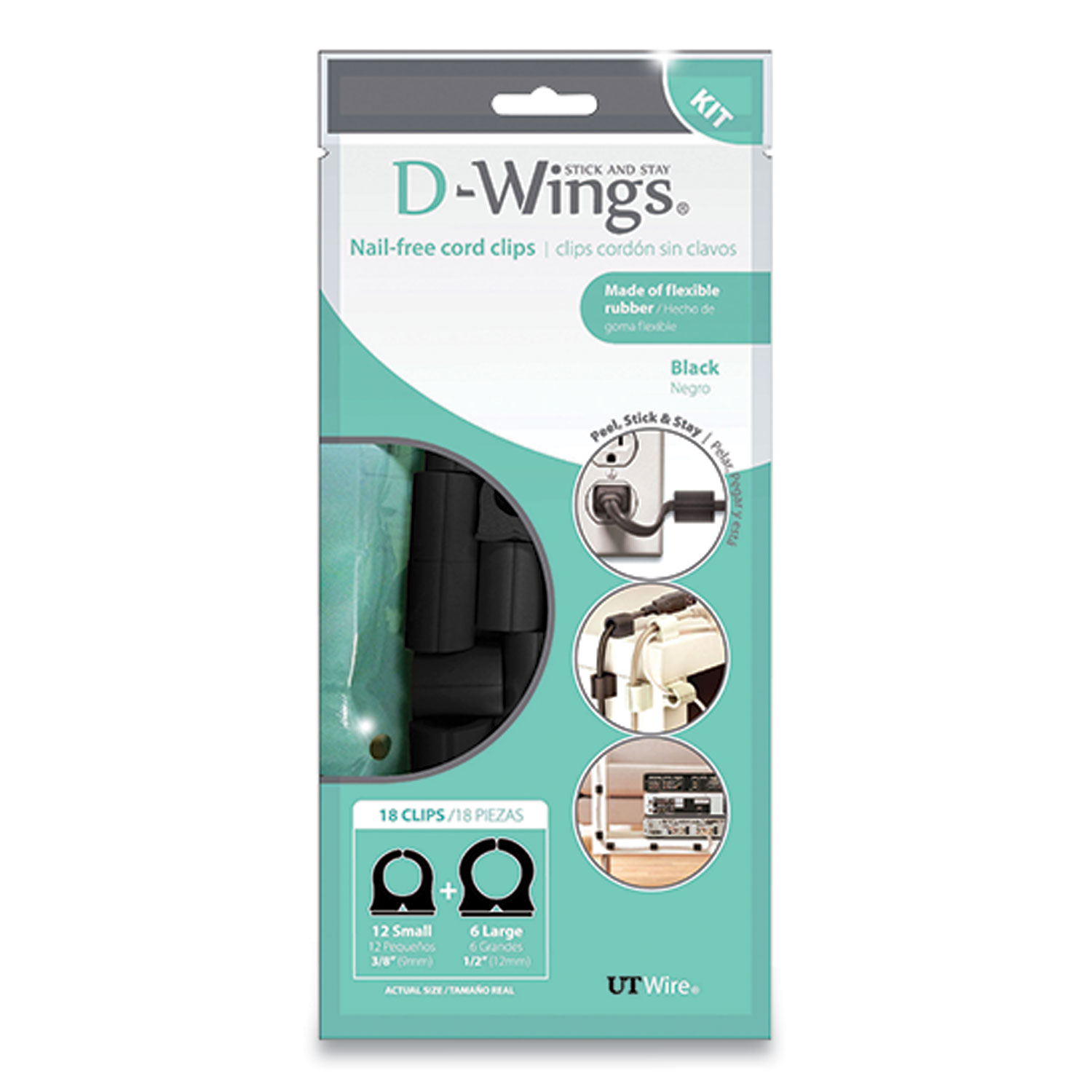 UT Wire® D-Wings Nail-Free Cord Clips, 12 Small 0.38, Six Large 0.5, Black, 18/Pack