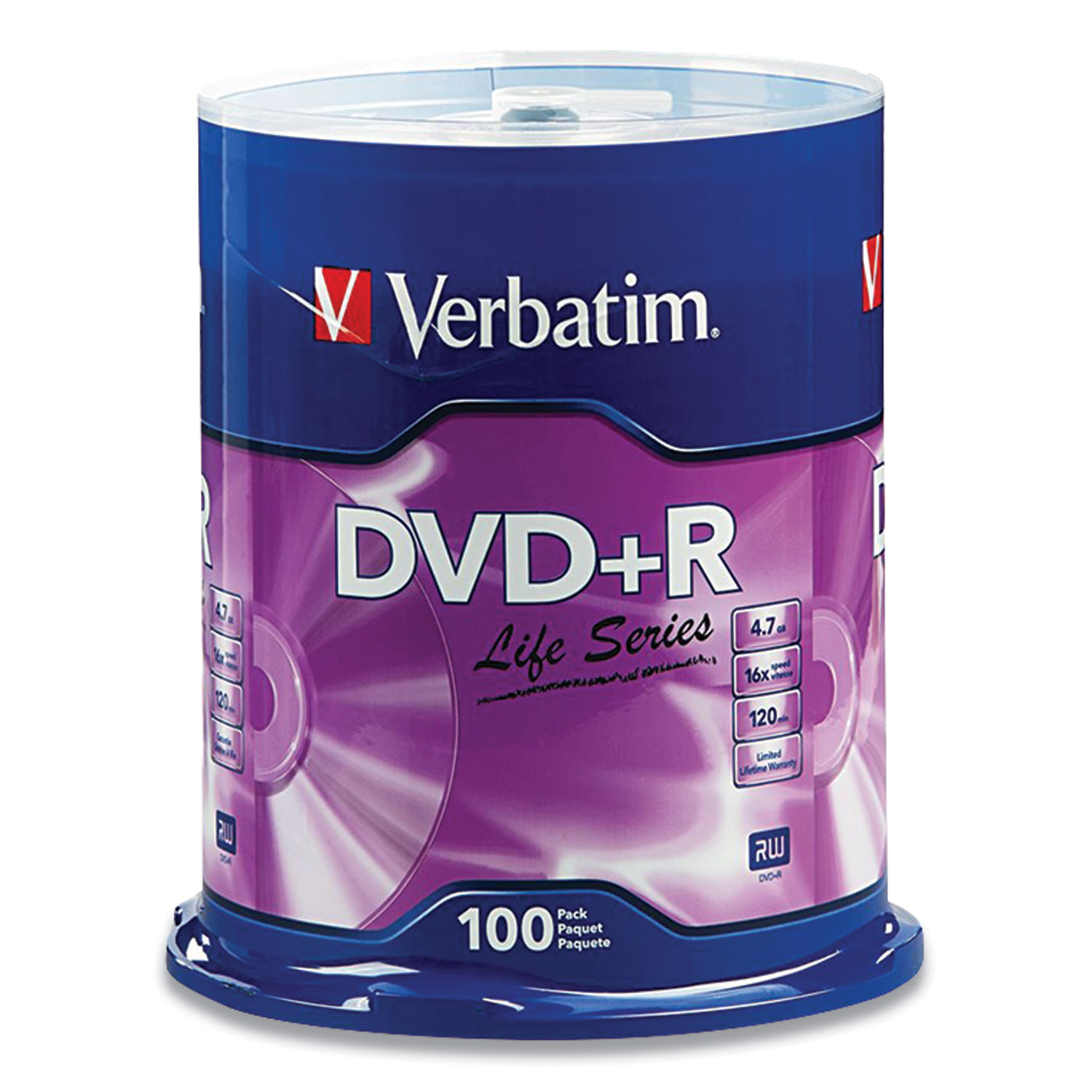  Verbatim 97175 DVD+R LifeSeries Branded Disc, 4.7 GB, 16x, Spindle, Silver, 100/Pack (VER49087) 