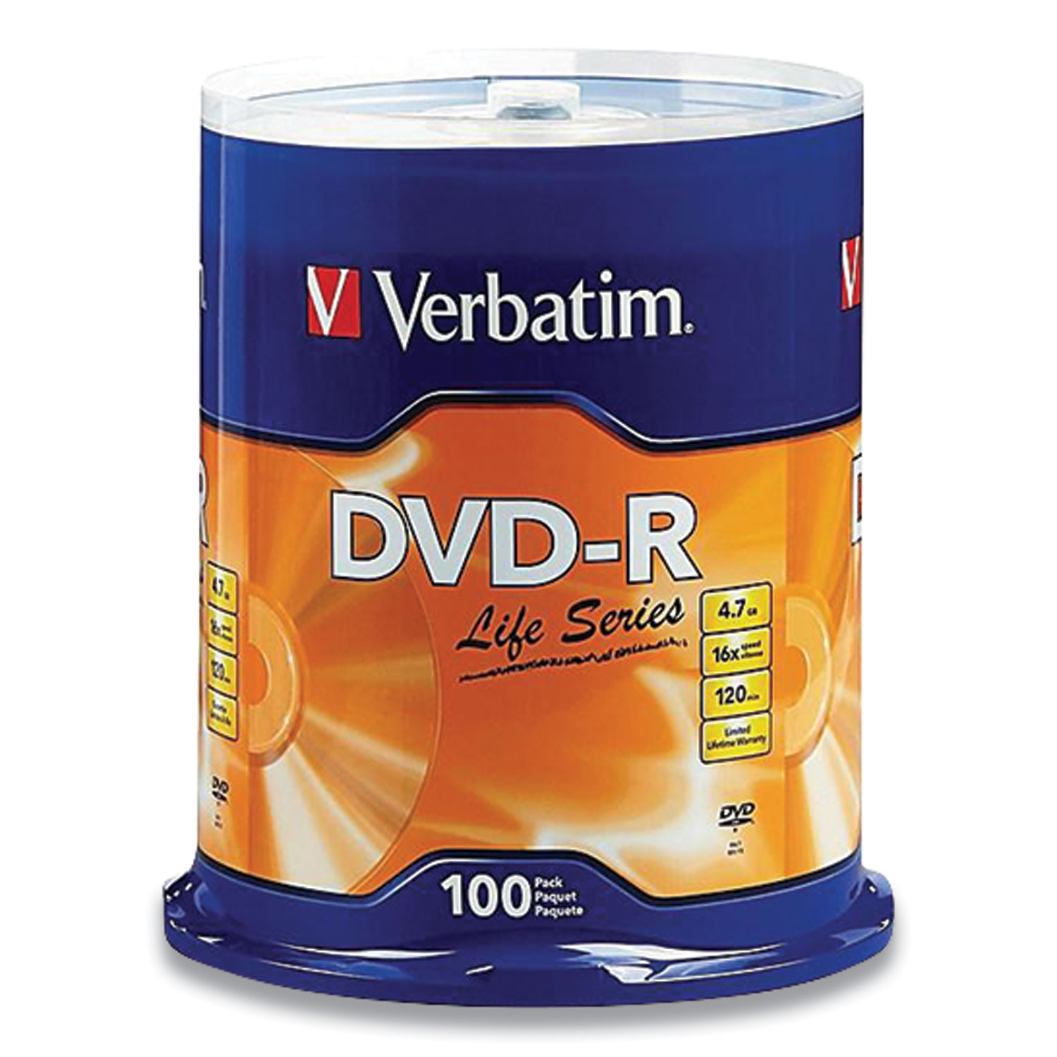  Verbatim 97177 DVD-R LifeSeries Branded Disc, 4.7 GB, 16x, Spindle, Silver, 100/Pack (VER49088) 