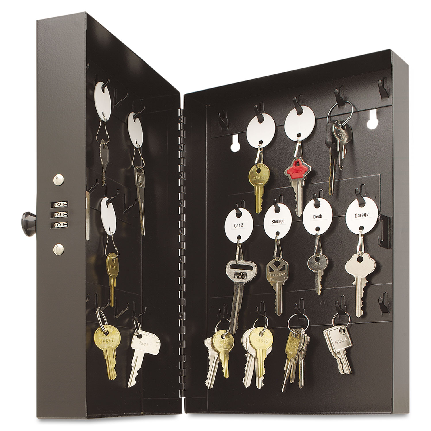 Hook-Style Key Cabinet, 28-Key, Steel, Black, 7-3/4w x 3-1/4d x 11-1/2h