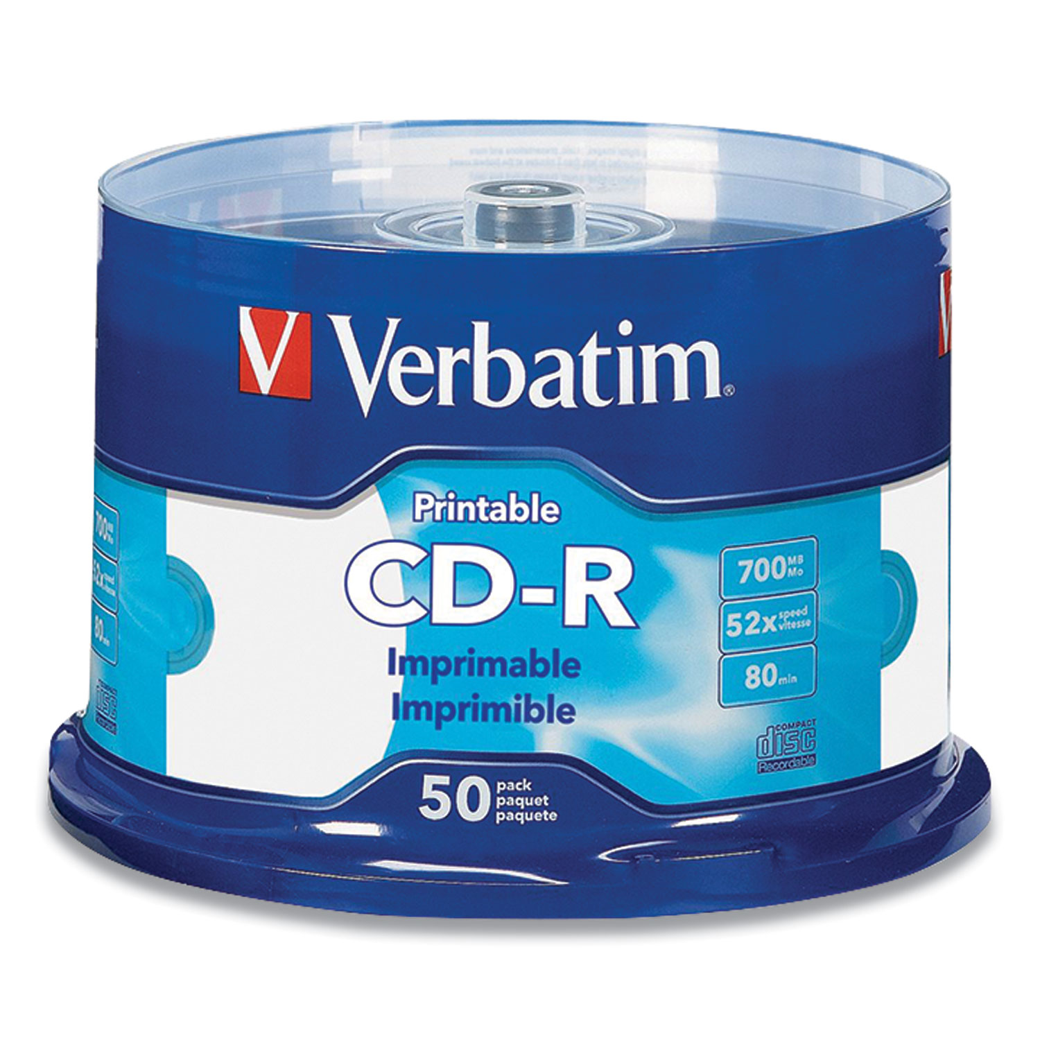 Verbatim® CD-R Printable Recordable Disc, 80 min, 52x, Spindle, White, 50/Pack