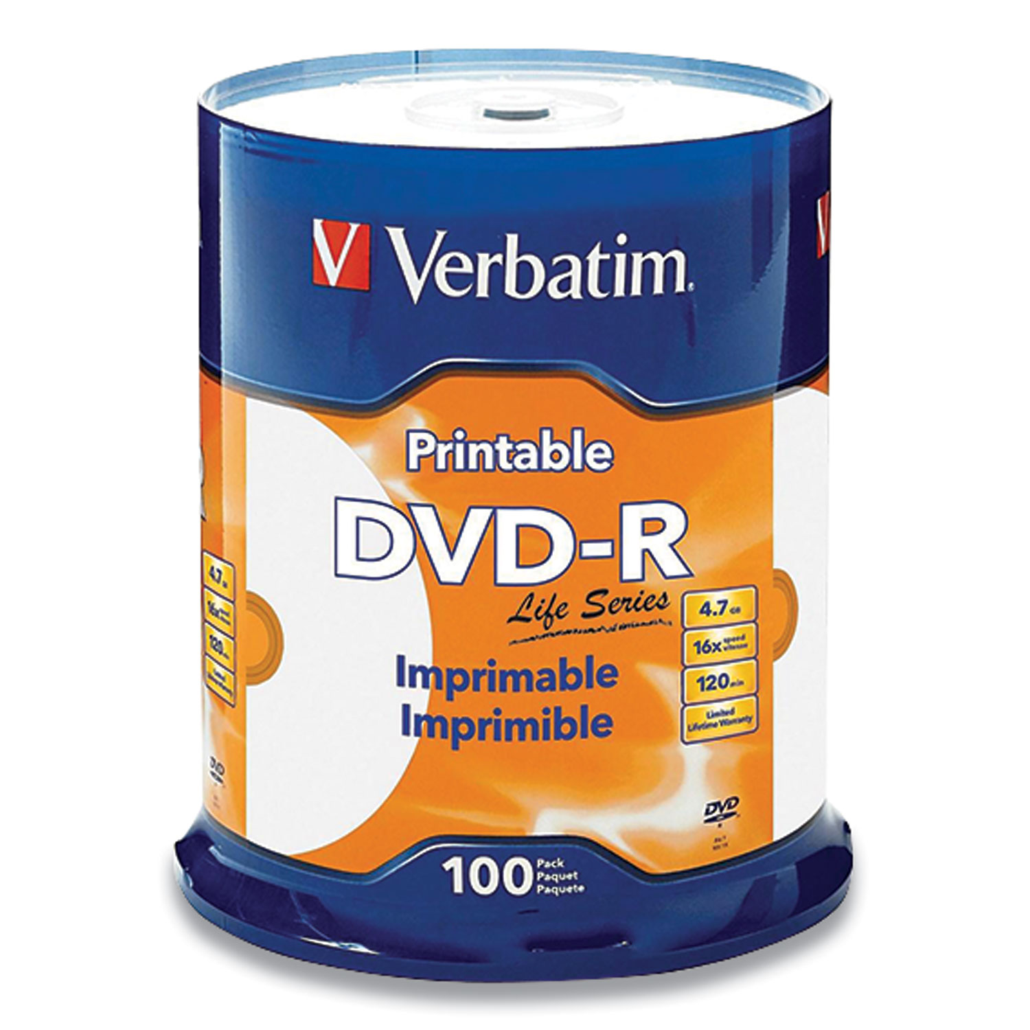  Verbatim 98491 DVD-R LifeSeries Printable Disc, 4.7 GB, 16x, Spindle, White, 100/Pack (VER1674154) 