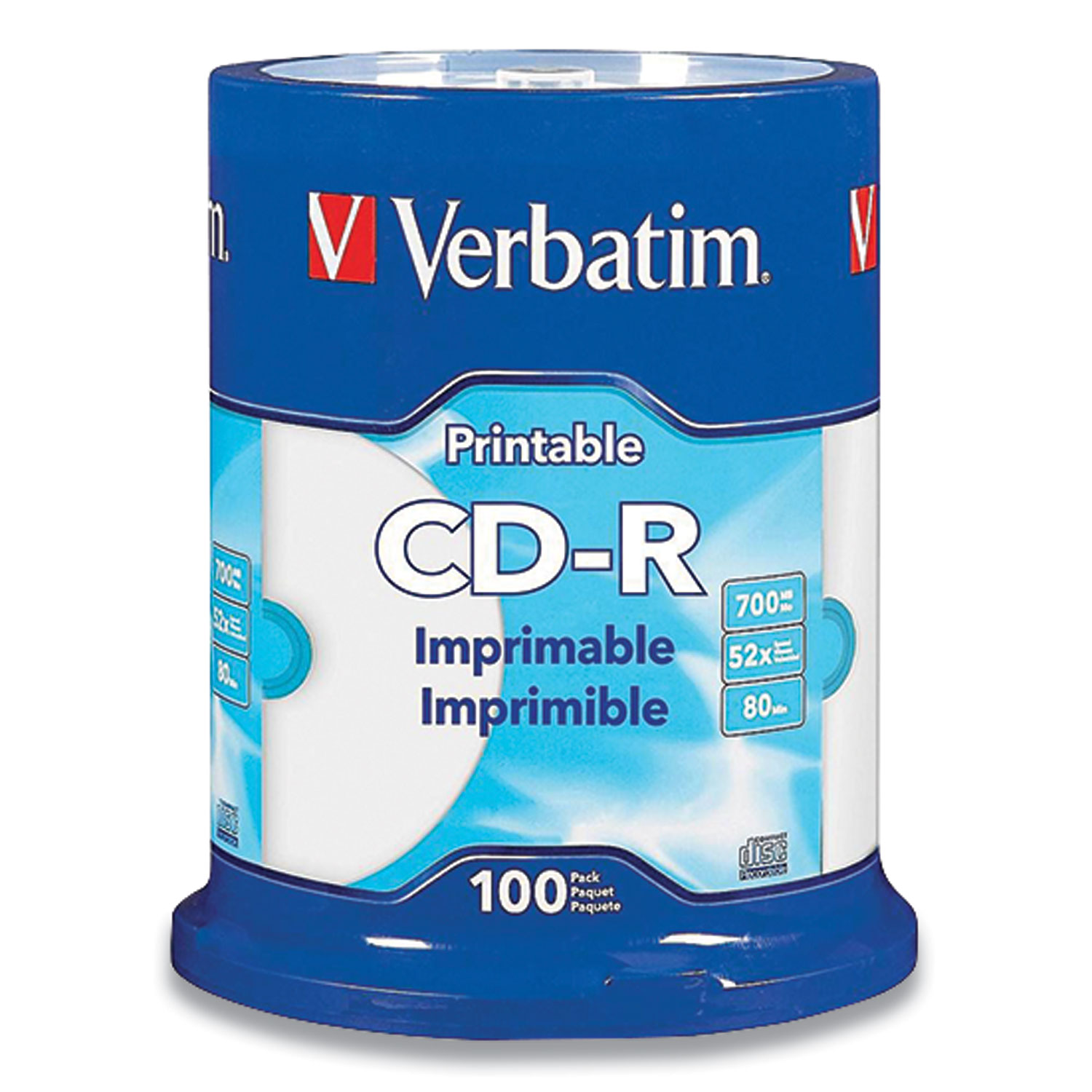  Verbatim 98493 CD-R Printable Recordable Disc, 80 min, 52x, Spindle, White, 100/Pack (VER1674156) 