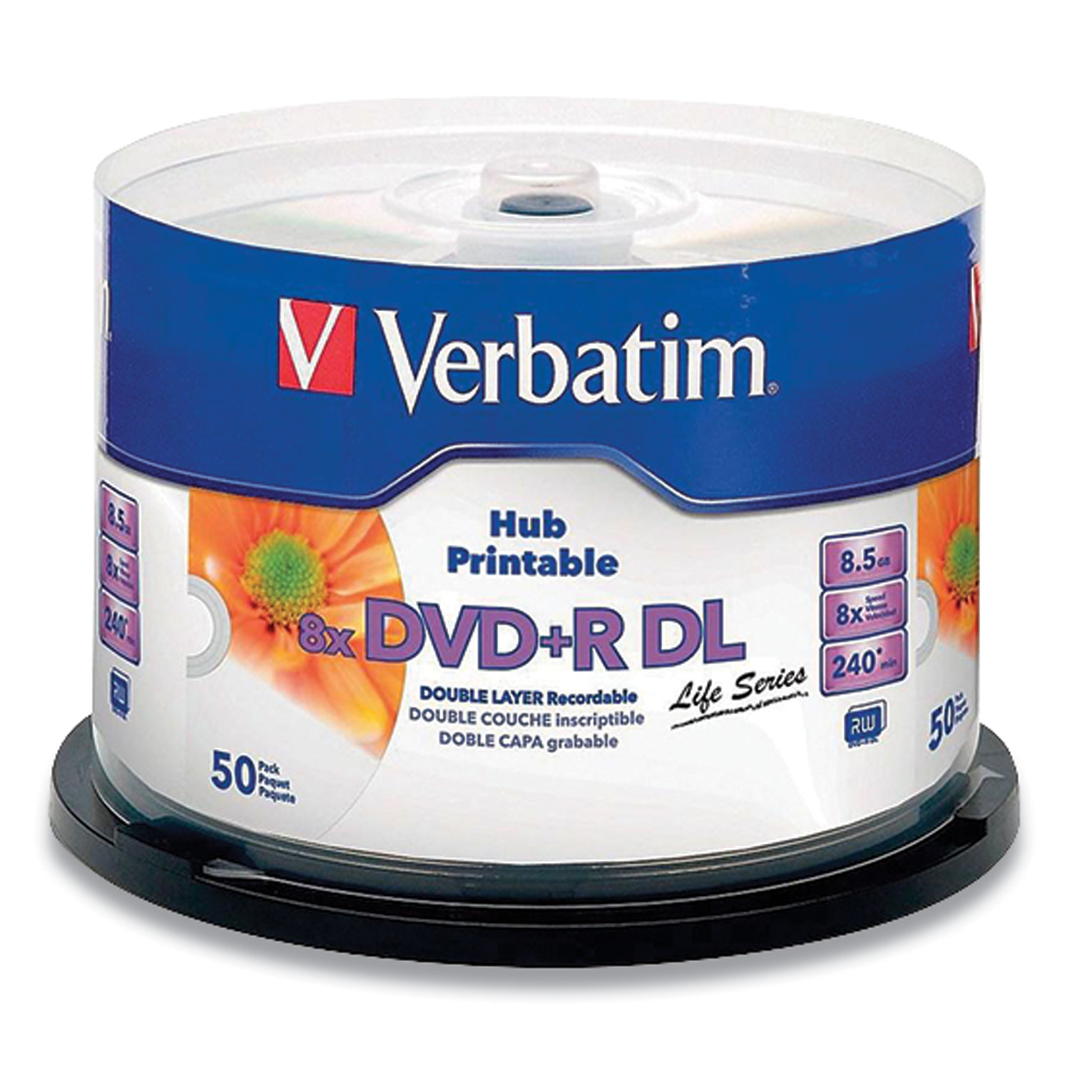  Verbatim 97693 DVD+R DL LifeSeries Printable Disc, 8.5 GB, 8x, Spindle, White, 50/Pack (VER2072234) 