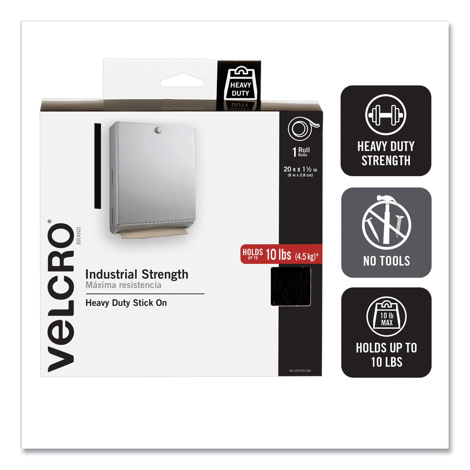  VELCRO Brand 90197 Industrial-Strength Heavy-Duty Fasteners with Dispenser Box, 2 x 15 ft, Black (VEK90197) 