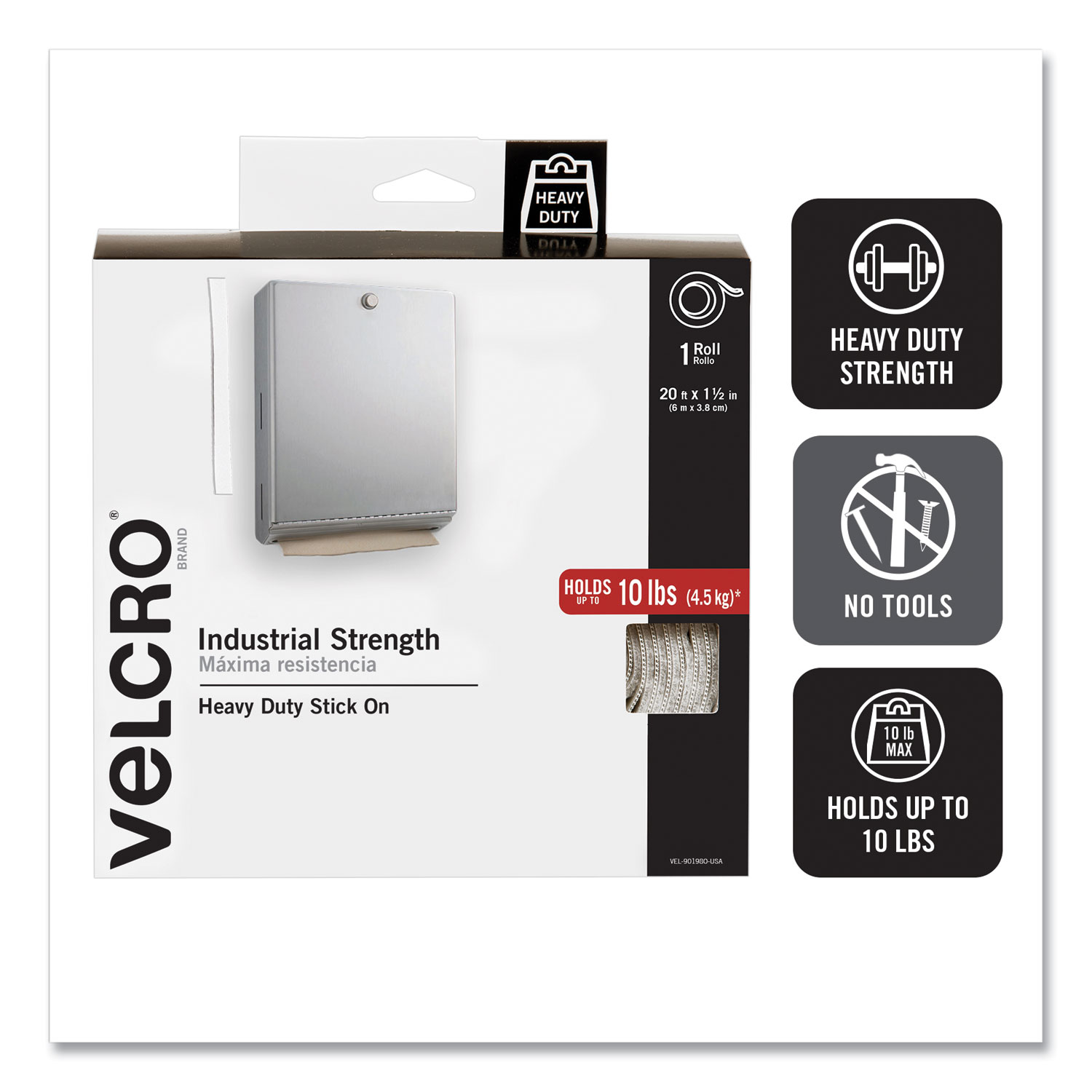  VELCRO Brand 90198 Industrial-Strength Heavy-Duty Fasteners with Dispenser Box, 2 x 15 ft, White (VEK90198) 