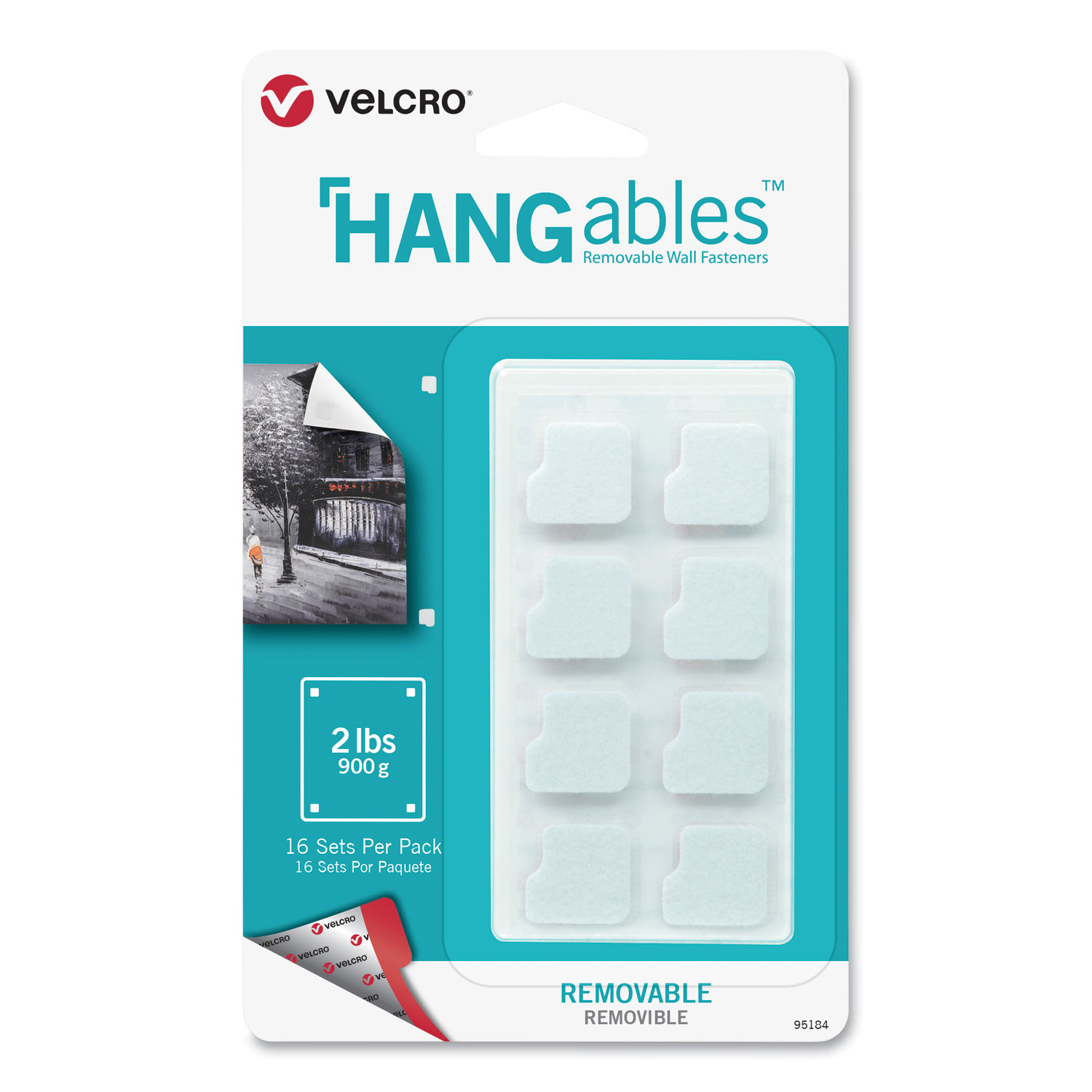  VELCRO Brand 95184 HANGables Removable Wall Fasteners, 0.75 x 0.75, White, 16/Pack (VEK95184) 