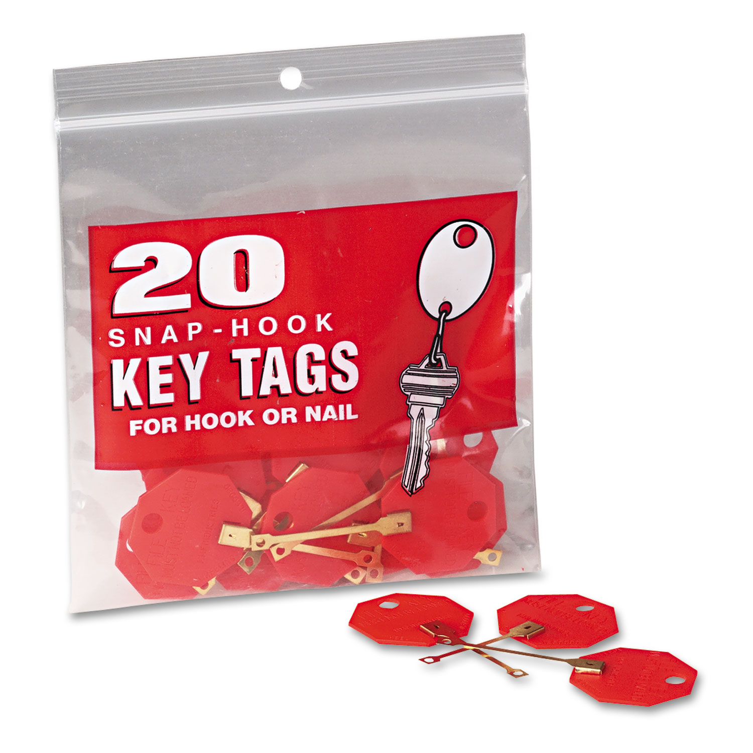 Snap-Hook Self-Locking Octagonal Plastid Key Tags, 1 1/4 Diameter, Red, 20/Pack
