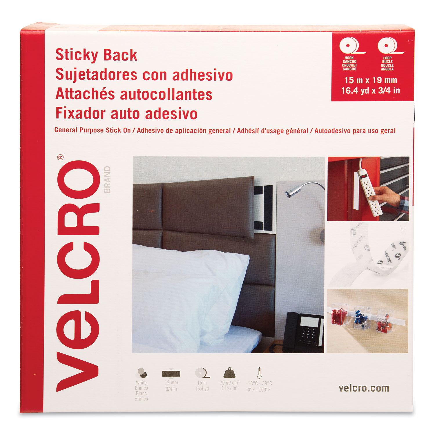  VELCRO Brand VEL-30633-GLO Sticky-Back Fasteners, Removable Adhesive, 0.75 x 49 ft, White (VEK30633) 