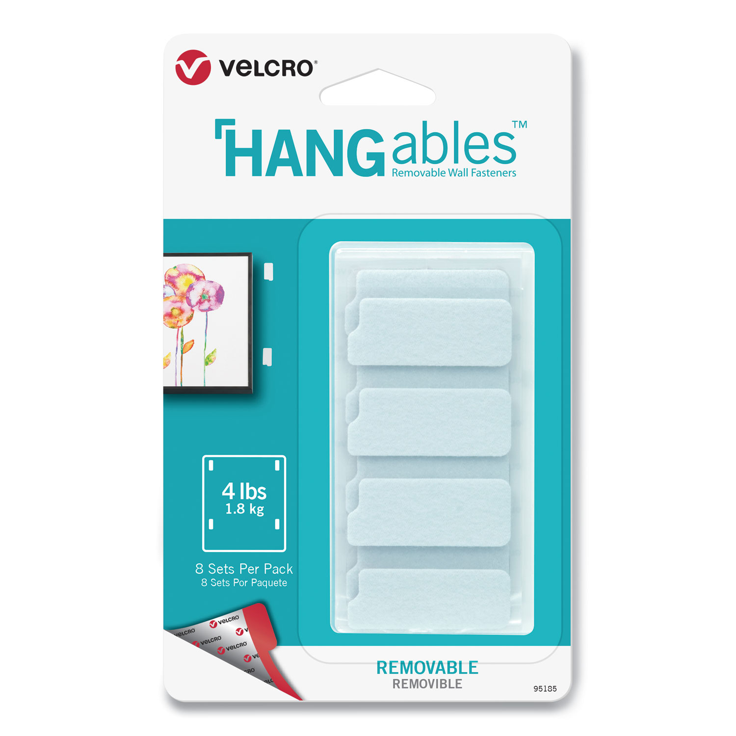  VELCRO Brand 95185 HANGables Removable Wall Fasteners, 0.75 x 1.75, White, 8/Pack (VEK95185) 