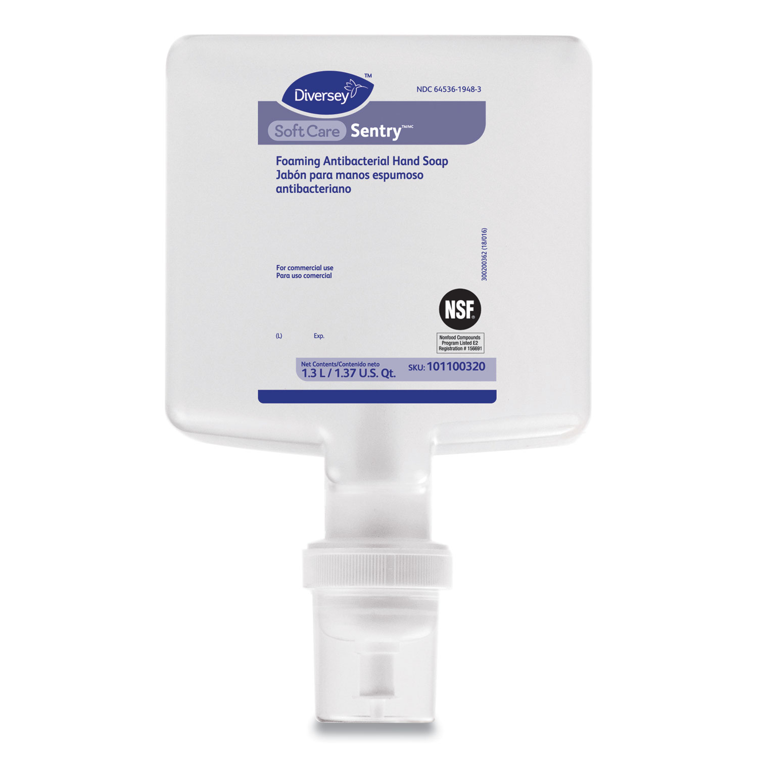 Diversey™ Soft Care Sentry Foaming Antibacterial Hand Soap, Fragrance-Free, 1.3 L Cartridge Refill, 6/Carton