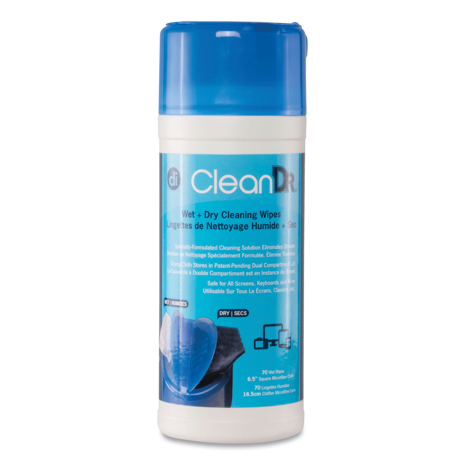  Digital Innovations 40308 CleanDr Wet/Dry Streak-Free Wipes, Includes 6.5 Microfiber Cloth, 70/Tub (DGV2116094) 