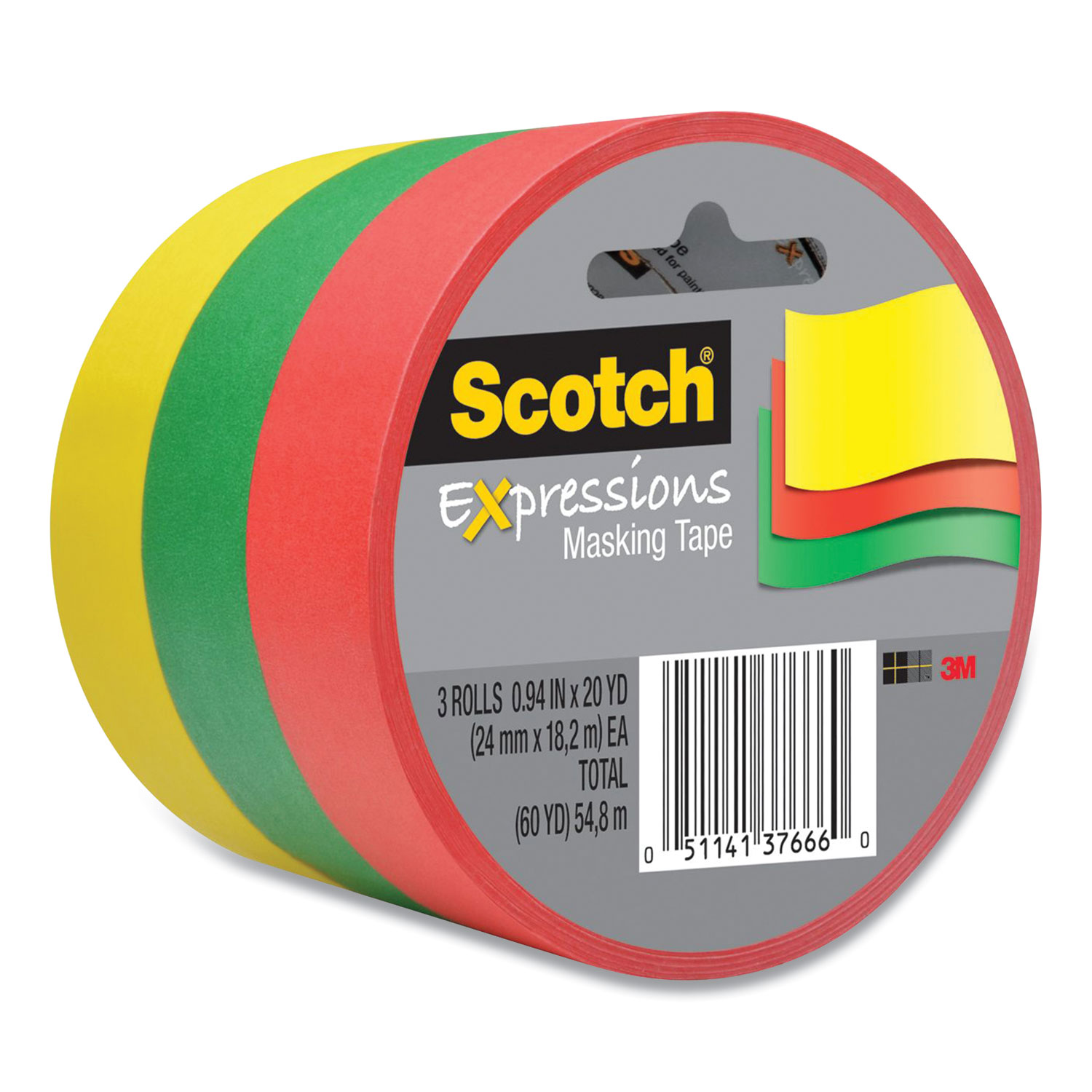  Scotch 3437-3PRM Expressions Masking Tape, 3 Core, 0.94 x 20 yds, Red, Green, Yellow, 3 Rolls/Pack (MMM200573) 