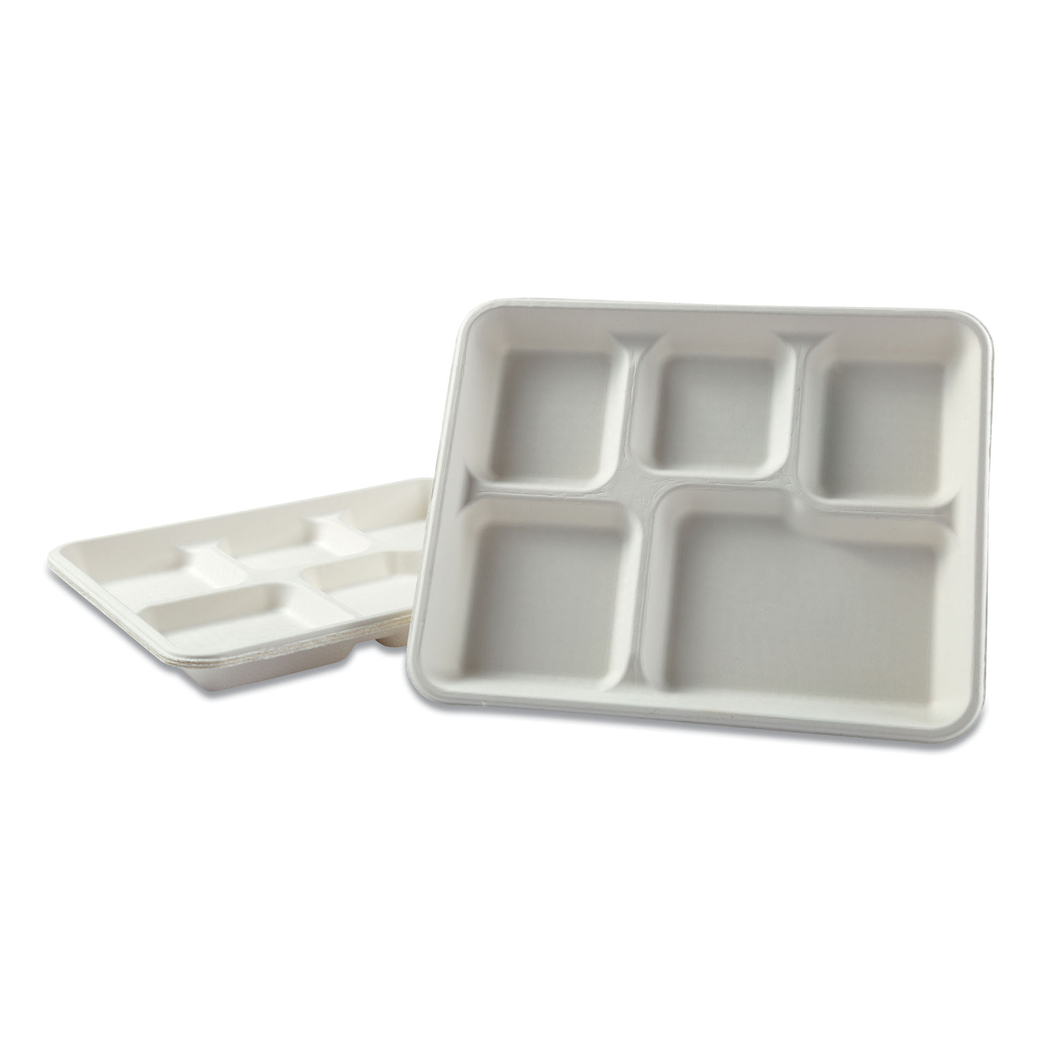 Bagasse Molded Fiber Dinnerware, 5-Compartment Tray, 8 x 12, White, 500/Carton