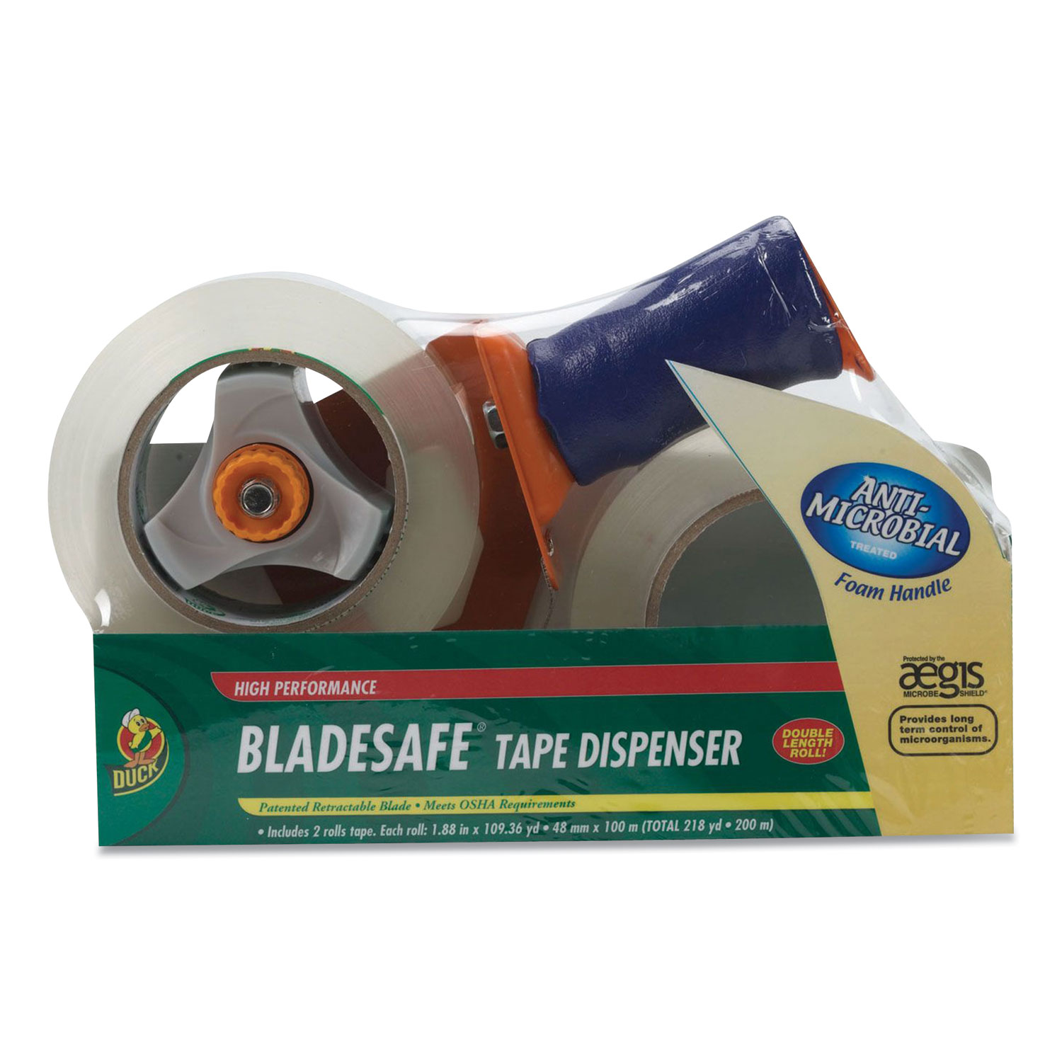 Duck® HP260 Packaging Tape with Bladesafe Pistol-Grip Dispenser, 3 Core, 1.88 x 109.36 yds, Clear, 2/Pack