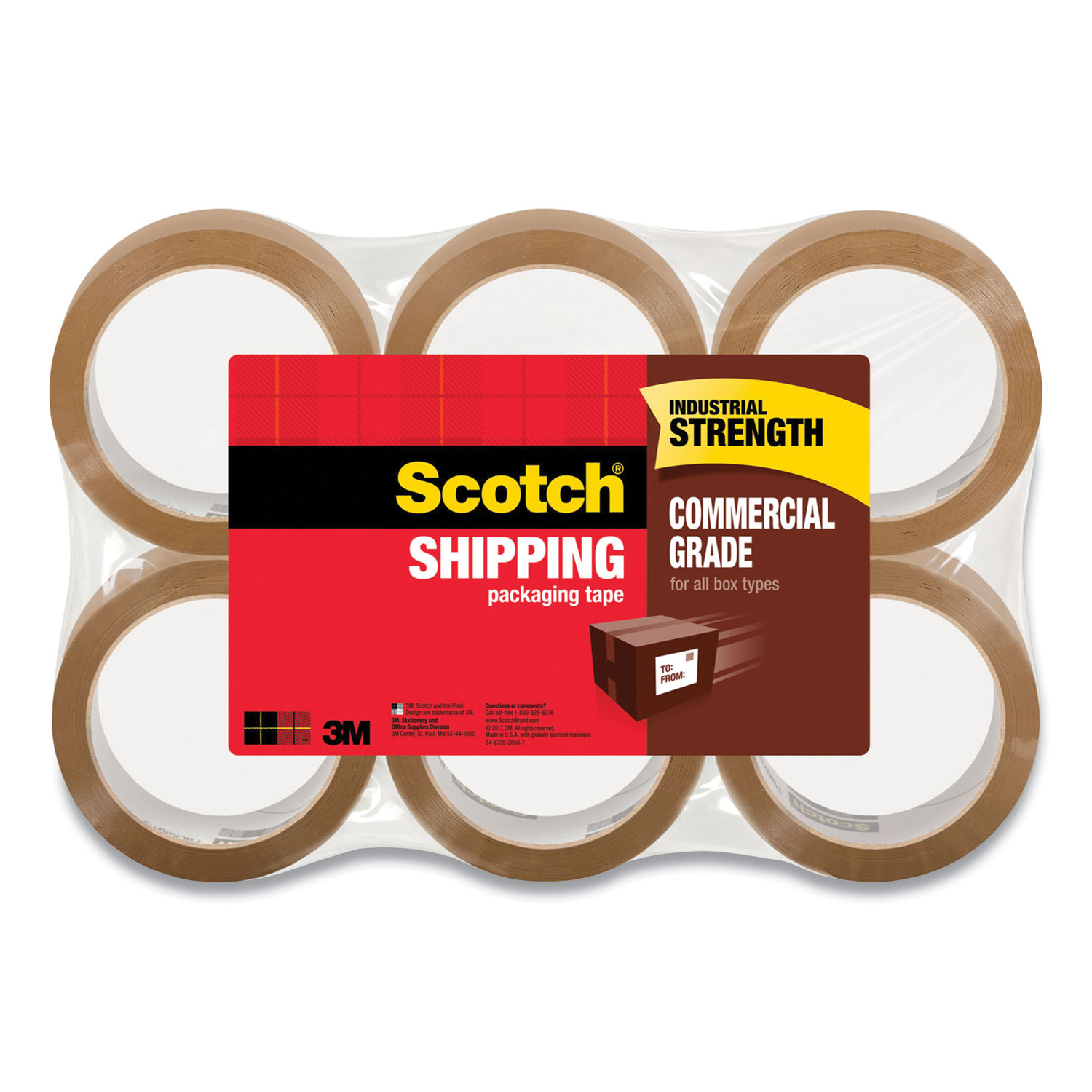 Scotch® 3750 Commercial Grade Packaging Tape, 3 Core, 1.88 x 54.6 yds, Tan, 6/Pack