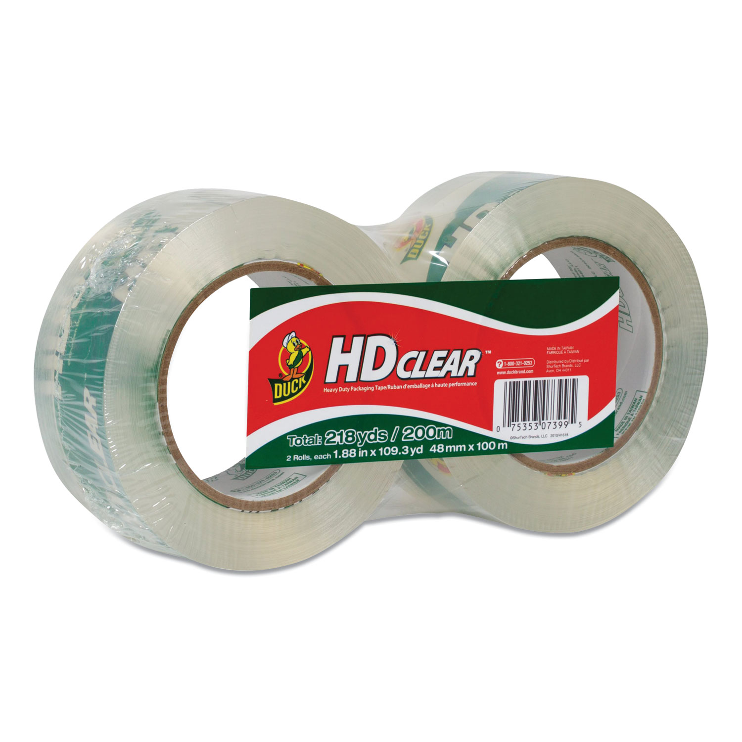 Duck® Heavy-Duty Carton Packaging Tape, 3 Core, 1.88 x 109 yds, Clear, 2/Pack