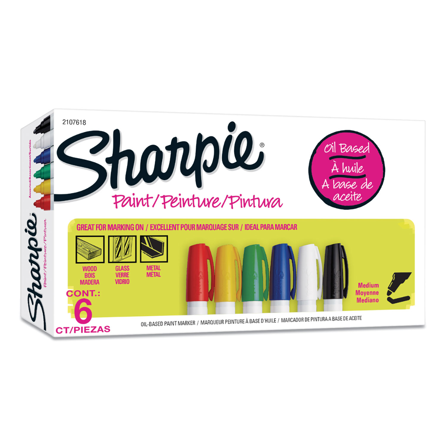  Sharpie 2107618 Permanent Paint Marker, Medium Bullet Tip, Assorted Colors, 6/Pack (SAN2107618) 