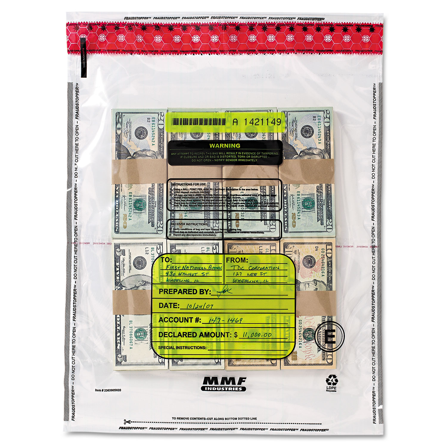 8 Bundle Capacity Tamper-Evident Cash Bags, 20 x 20, Clear, 250 Bags/Box