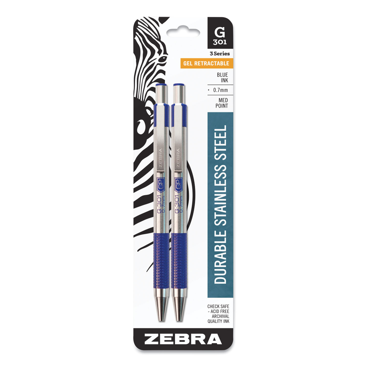  Zebra 41321 G-301 Retractable Gel Pen, Medium 0.7 mm, Blue Ink, Stainless Steel/Blue Barrel (ZEB41321) 