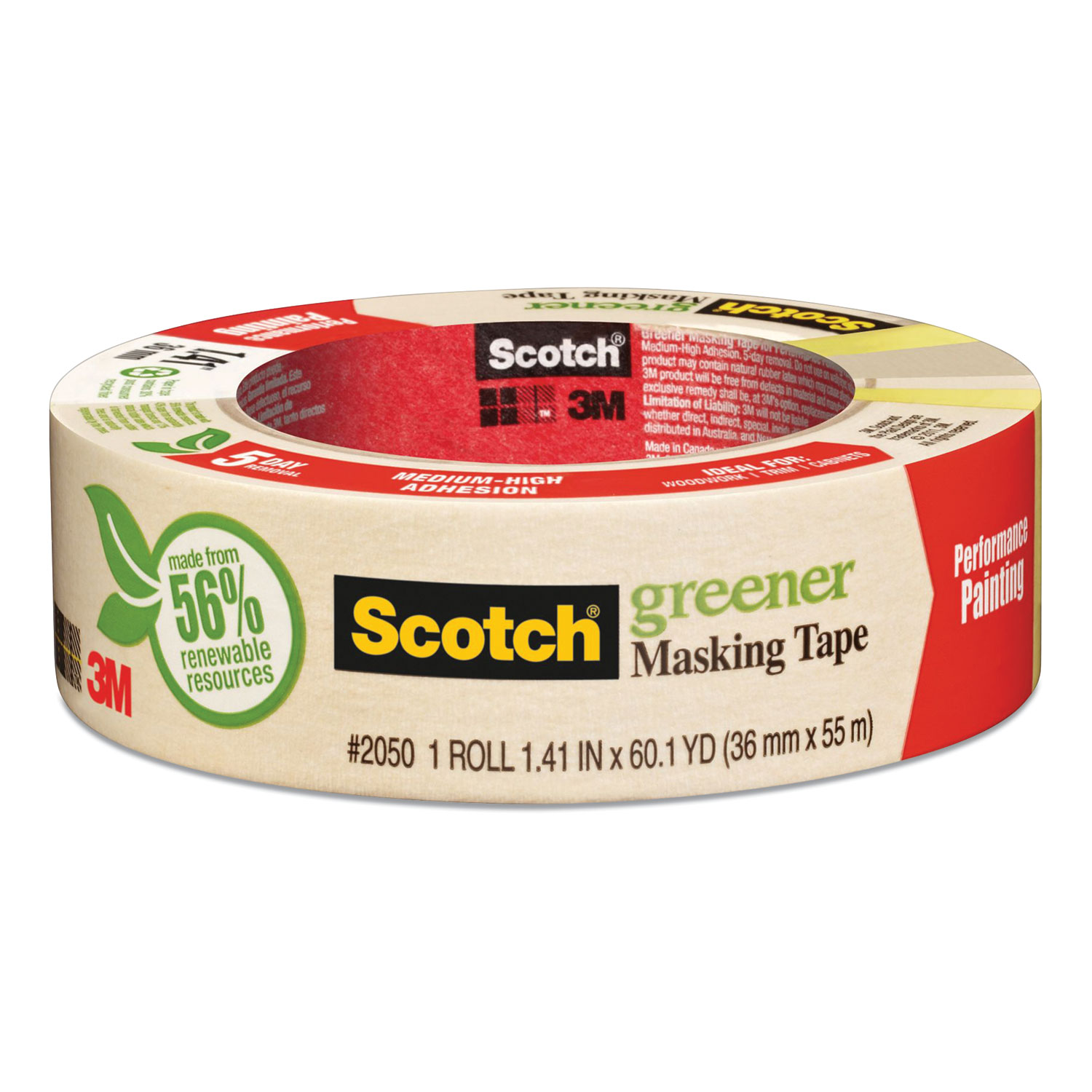 Scotch® Greener Masking Tape 2050, 3 Core, 1.41 x 60 yds, Beige