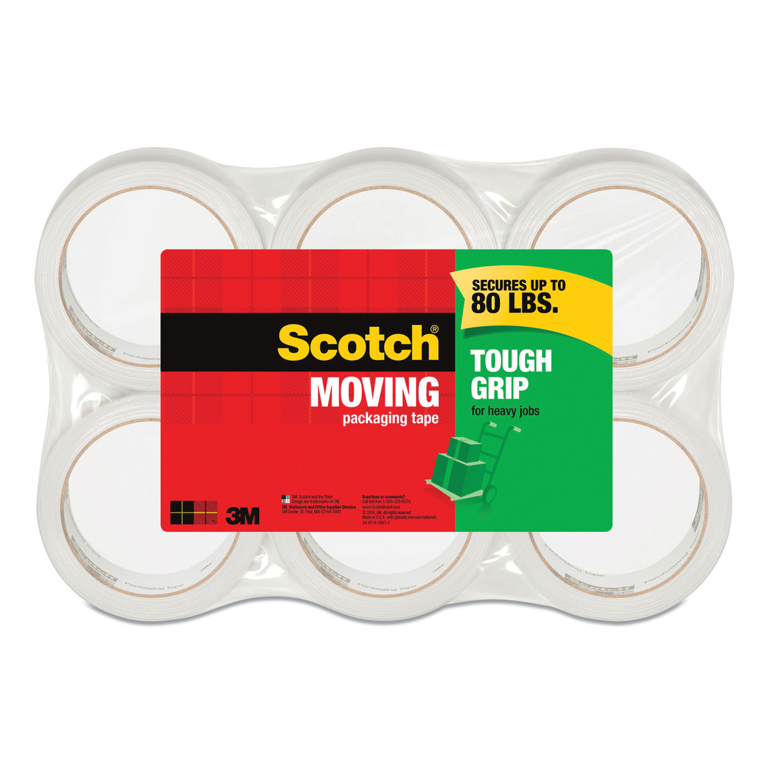  Scotch 3500-40-6 Tough Grip Moving Packaging Tape, 3 Core, 1.88 x 43.7 yds, Clear, 6/Pack (MMM2456492) 