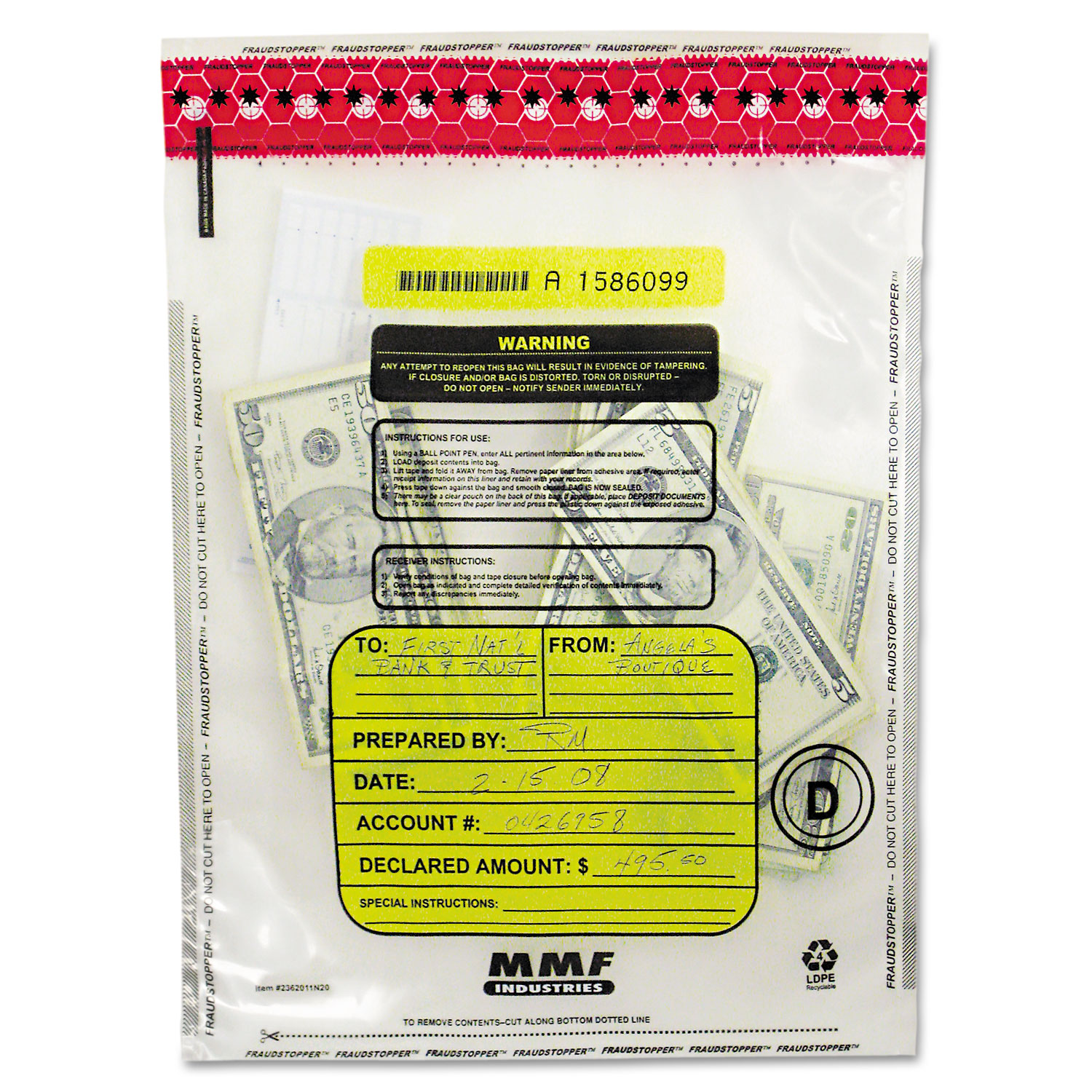 Tamper-Evident Deposit/Cash Bags, Plastic, 12 x 16, Clear, 100 Bags/Box
