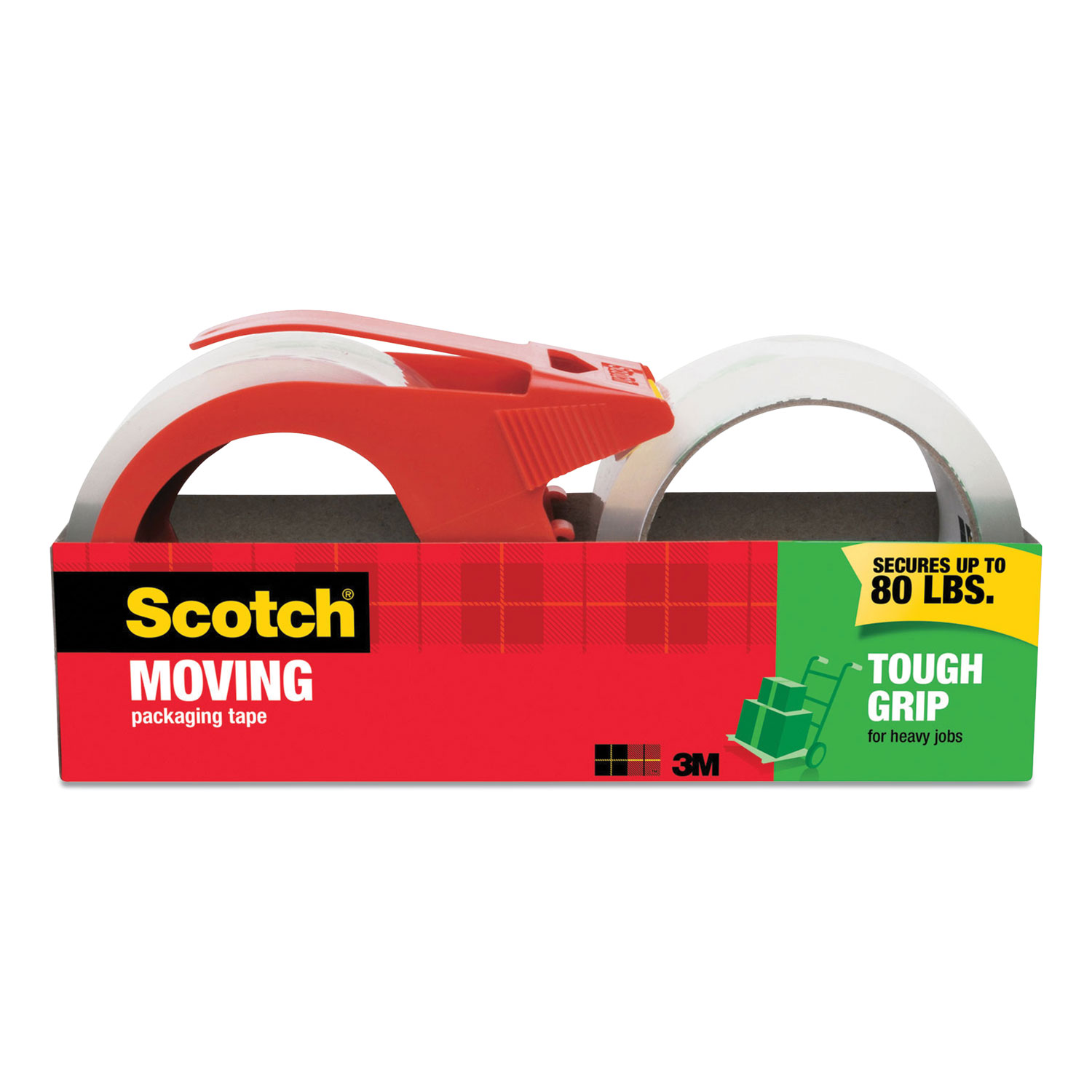 Scotch® Tough Grip Moving Packaging Tape with Dispenser, 3 Core, 1.88 x 38.2 yds, Clear, 2/Pack