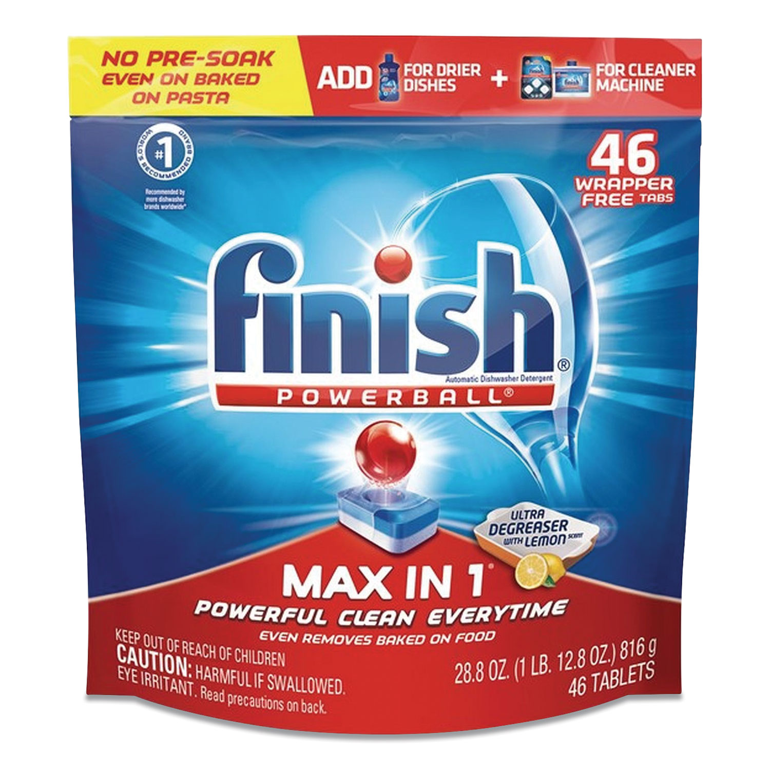  FINISH 51700-20604 Powerball Max in 1 Super Charged Ultra Degreaser Dishwasher Tabs, Lemon, Wrapper-Free, 46/Pack, 4 Packs/Carton (RAC20604CT) 