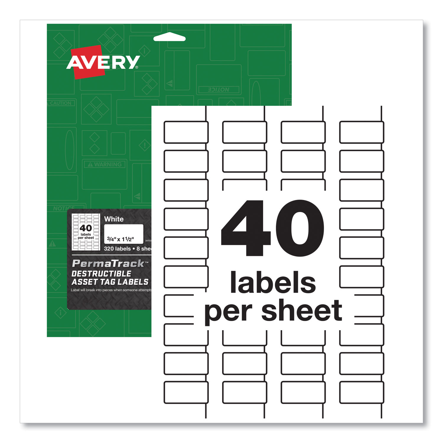  Avery 60529 PermaTrack Destructible Asset Tag Labels, Laser Printers, 0.75 x 1.5, White, 40/Sheet, 8 Sheets/Pack (AVE60529) 