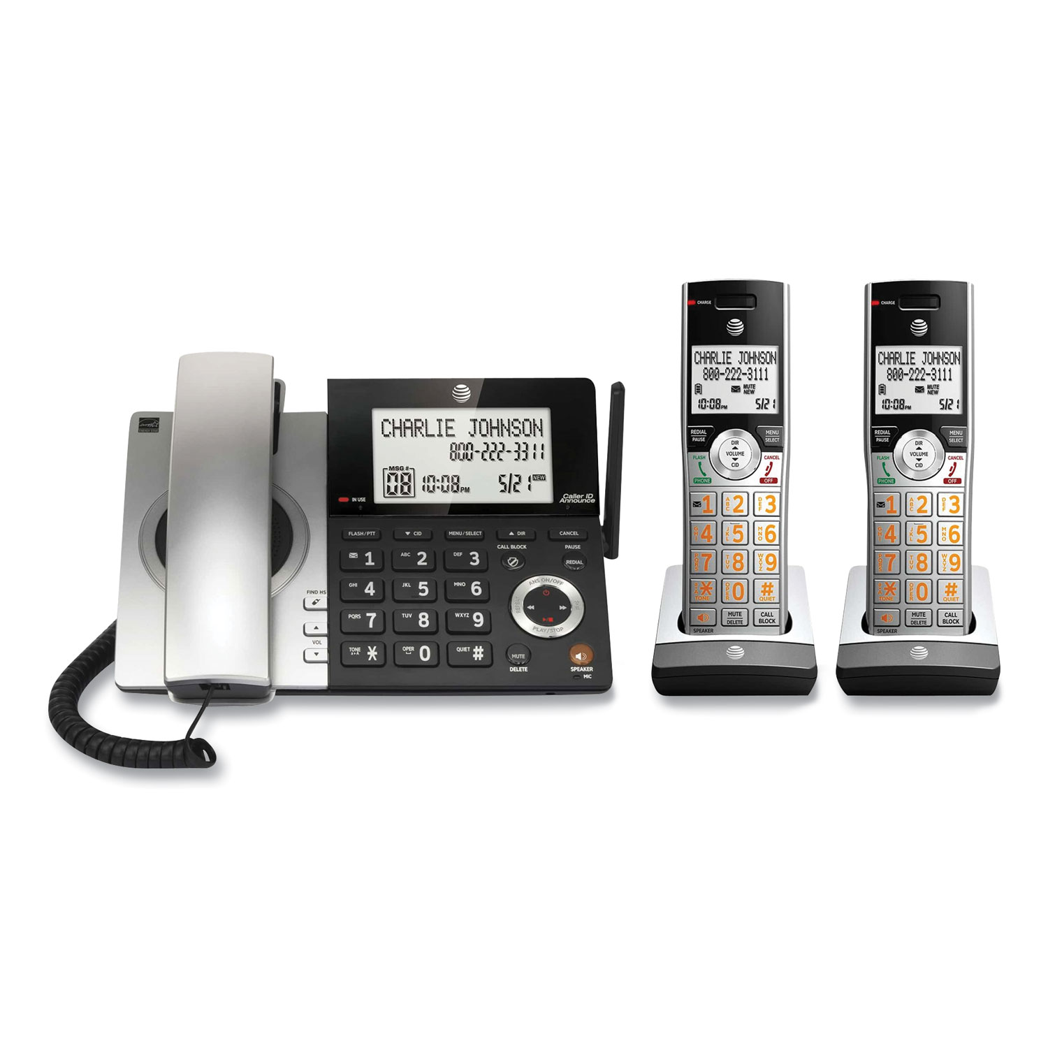 AT&T® CL84207 Corded/Cordless Phone, Corded Base Station and 2 Additional Hansets, Black/Silver