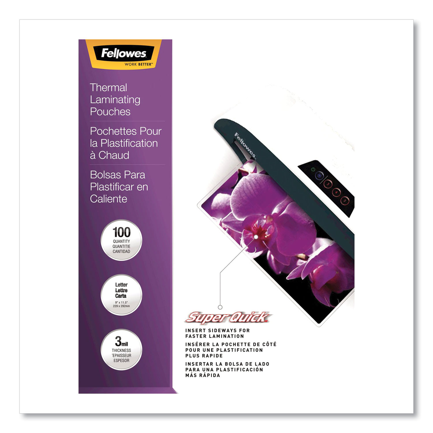  Fellowes 5245801 SuperQuick Thermal Laminating Pouches, 3 mil, 9 x 11.5, Gloss Clear, 100/Pack (FEL938207) 