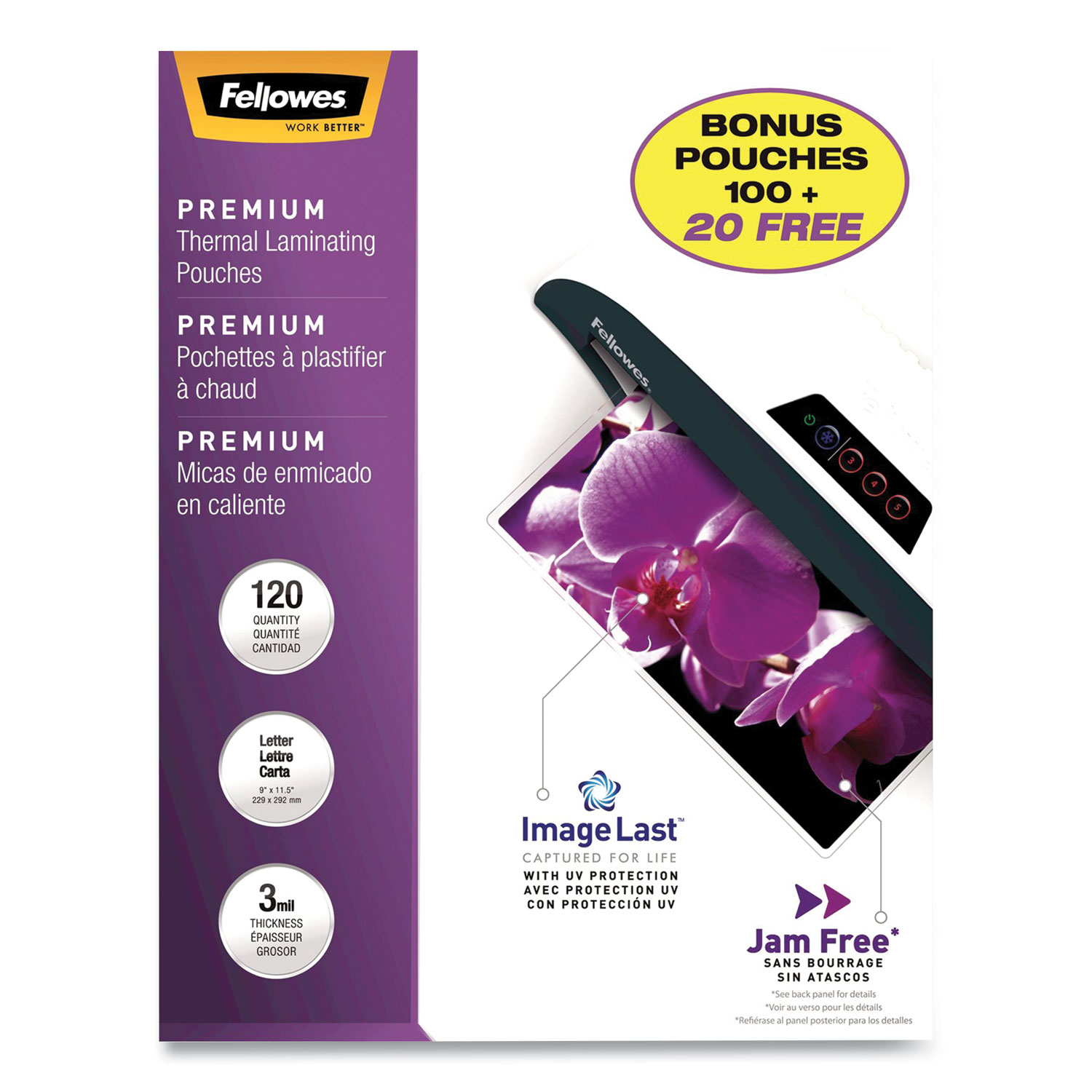  Fellowes 5228901 ImageLast Laminating Pouches with UV Protection, 3 mil, 9 x 11.5, Clear, 120/Pack (FEL1530746) 