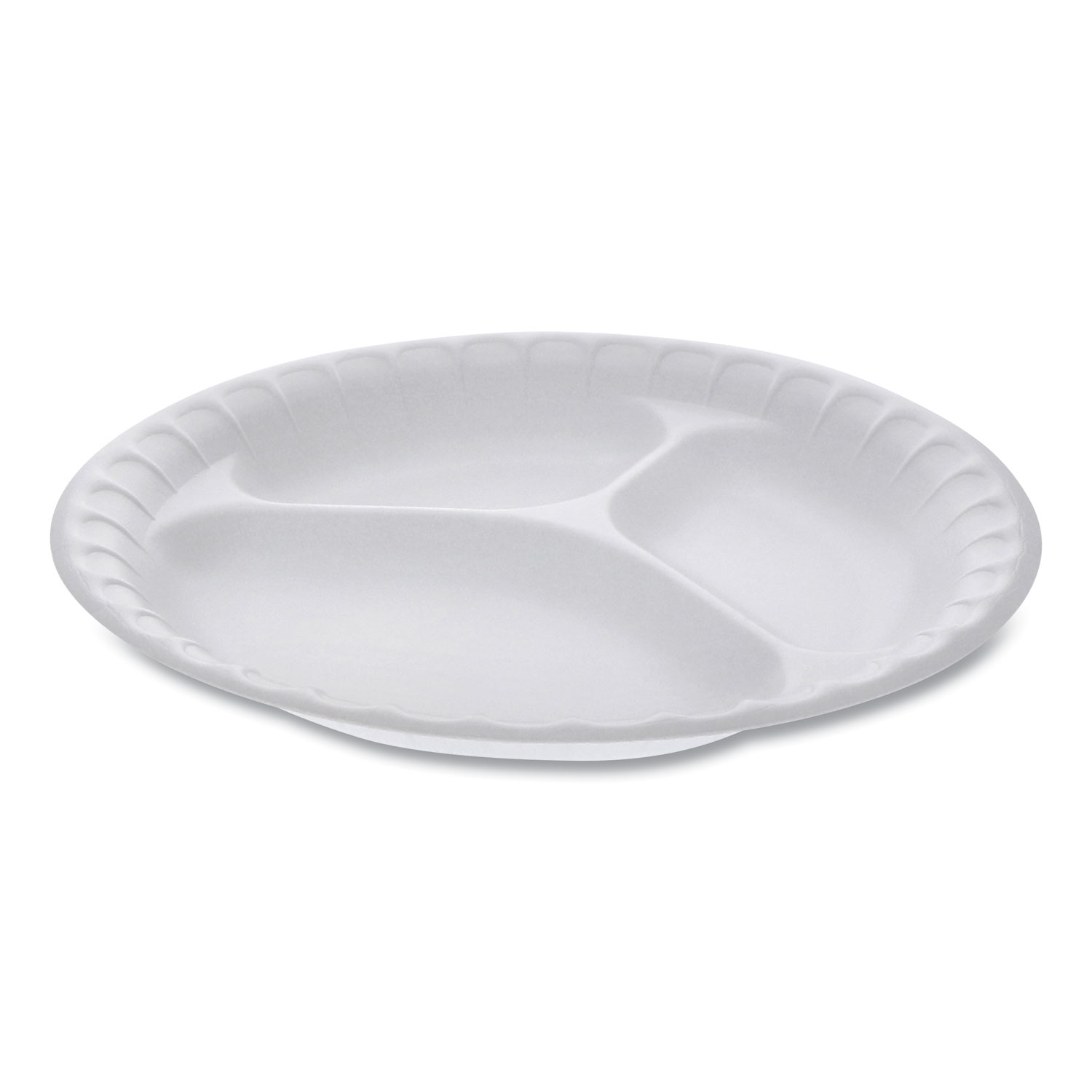 Pactiv Unlaminated Foam Dinnerware, 3-Compartment Plate, 9 Diameter, White, 500/Carton