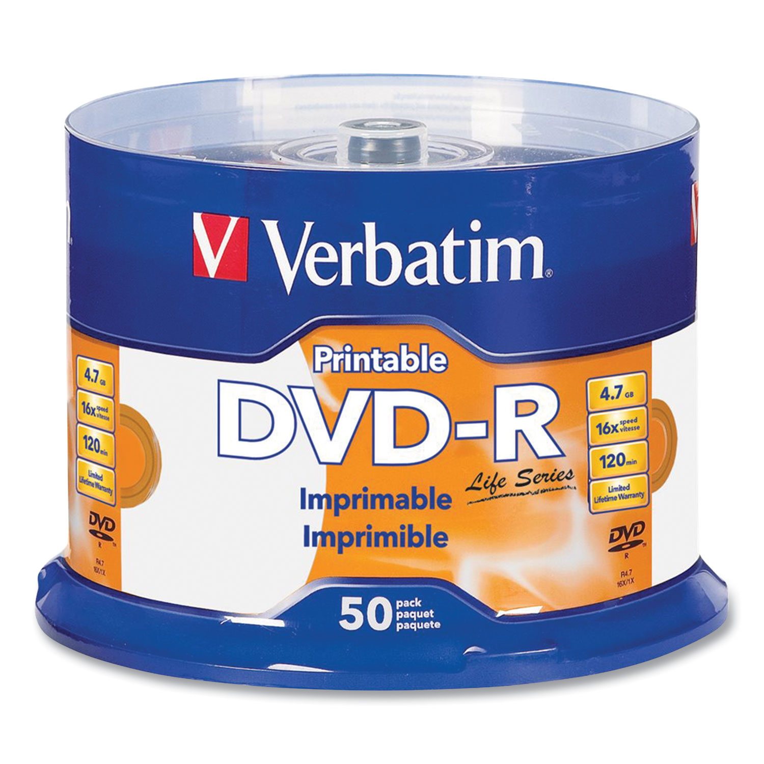  Verbatim 98472 DVD-R LifeSeries Printable Disc, 4.7 GB, 16x, Spindle, White, 50/Pack (VER1674155) 