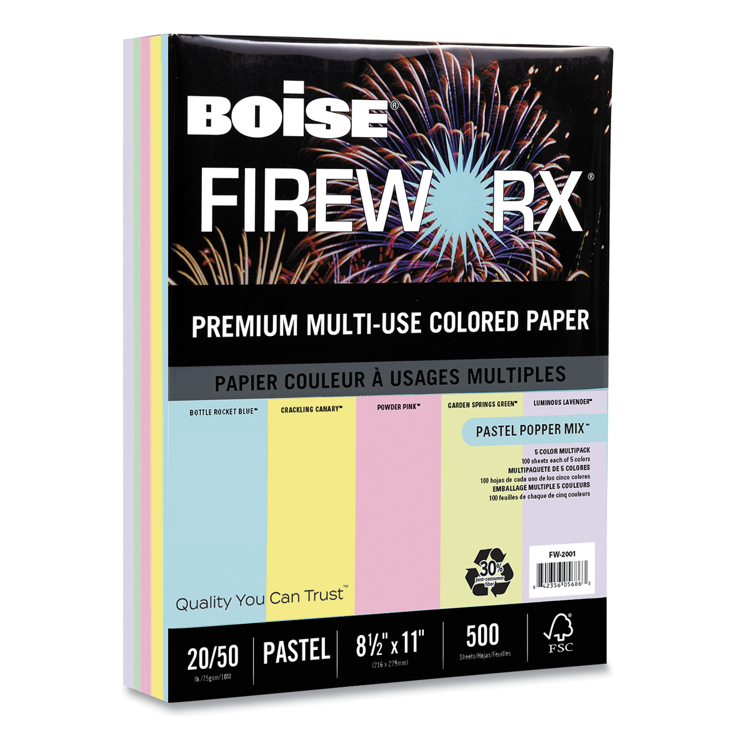  Boise FW-2201 FIREWORX Premium Multi-Use Colored Paper, 20lb, 8.5 x 11, Assorted, 500/Ream (CASFW2001) 