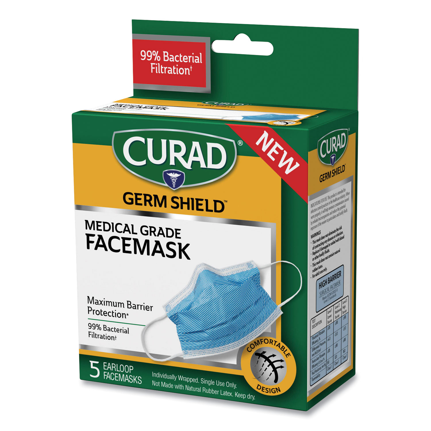  Curad CUR384S Germ Shield Medical Grade Maximum Barrier Face Mask, Pleated, 10/Box (MIICUR812S) 