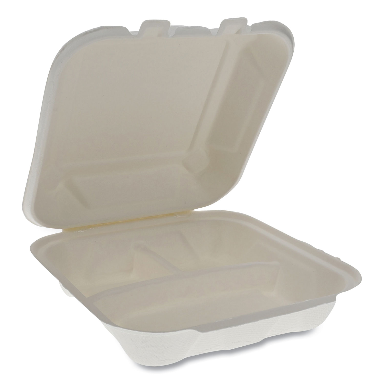  Pactiv YMCH08030001 EarthChoice Bagasse Hinged Lid Container, 7.8 x 7.8 x 2.8, 3-Compartment, Natural, 150/Carton (PCTYMCH08030001) 