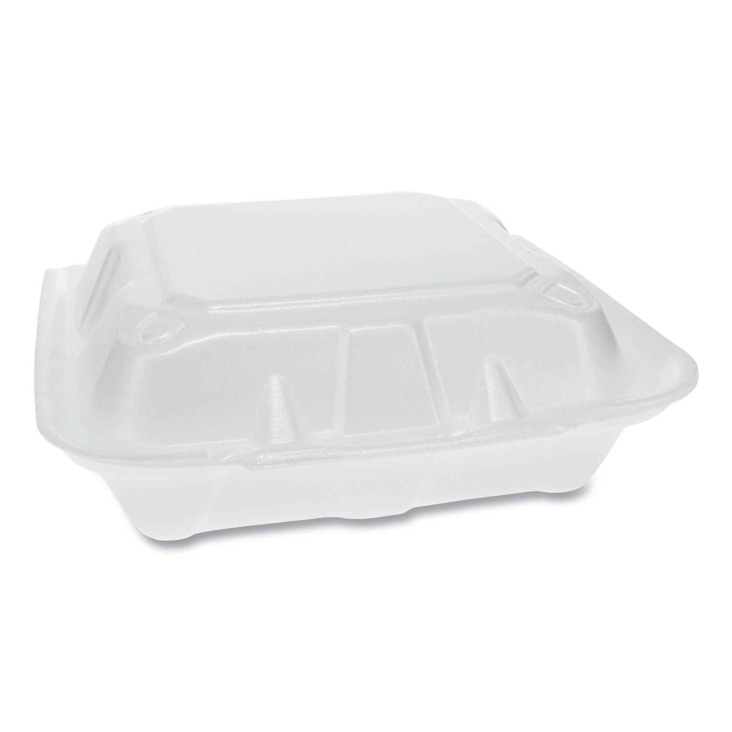 Vented Foam Hinged Lid Container, Dual Tab Lock Economy, 8.42 x 8.15 x 3, White, 150/Carton