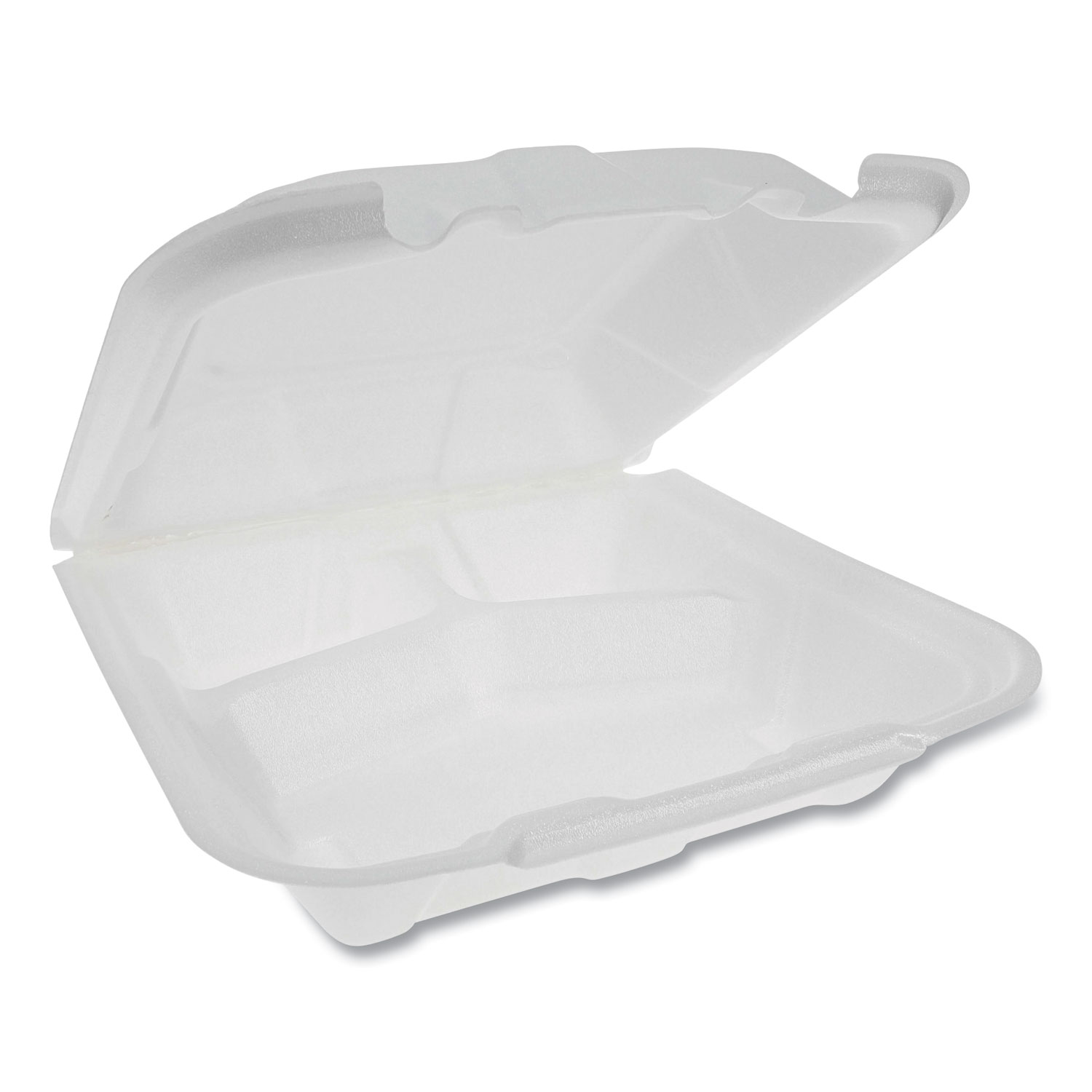  Pactiv YTD19903ECON Foam Hinged Lid Containers, Dual Tab Lock Economy, 9.13 x 9 x 3.25, 3-Compartment, White, 150/Carton (PCTYTD19903ECON) 