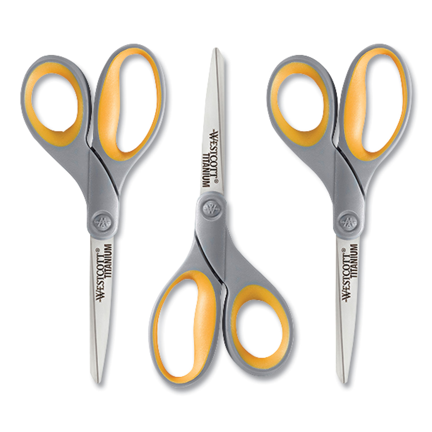  Westcott 17532 Titanium Bonded Scissors, 8 Long, 3.5 Cut Length, Gray/Yellow Straight Handle, 3/Box (WTC24395089) 