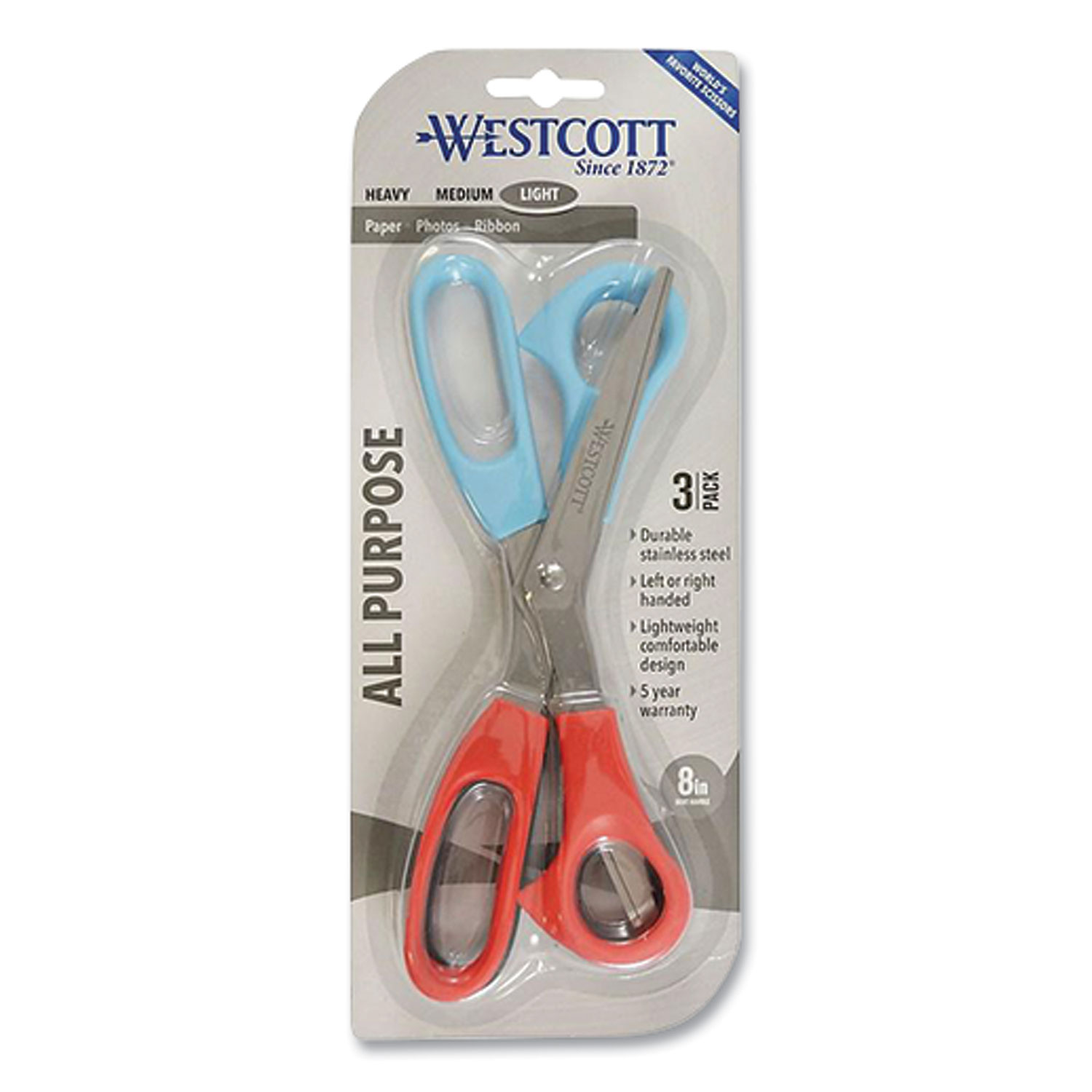  Westcott 13023/13403 All Purpose Value Stainless Steel Scissors Three Pack, 8 Long, 3 Cut Length, Assorted Color Offset Handles, 3/Pack (WTC229690) 