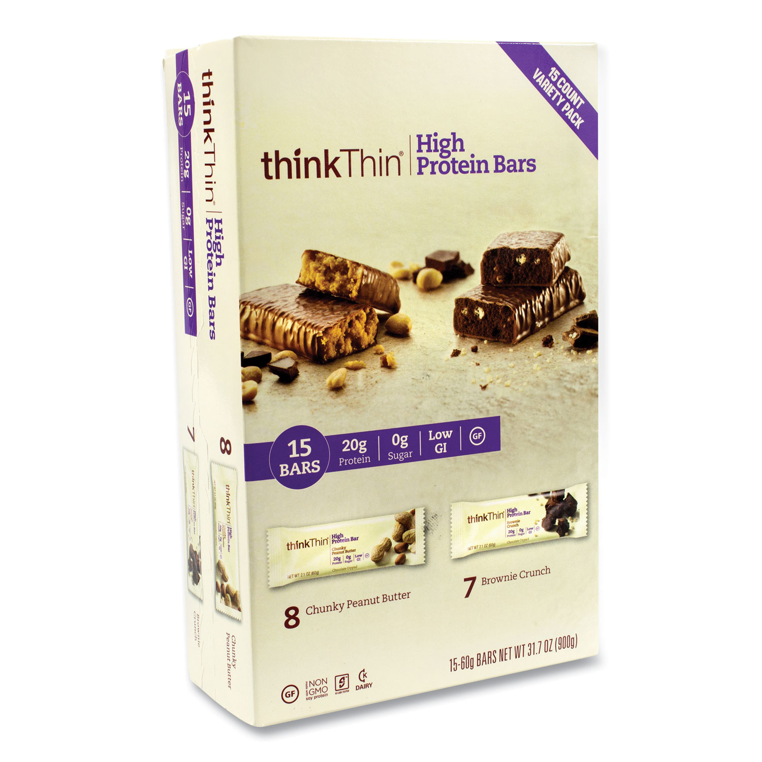 thinkThin® High Protein Bars, Brownie Crunch/Chunky Peanut Butter, 2.1 oz Bar, 15 Bars/Carton, Free Delivery in 1-4 Business Days